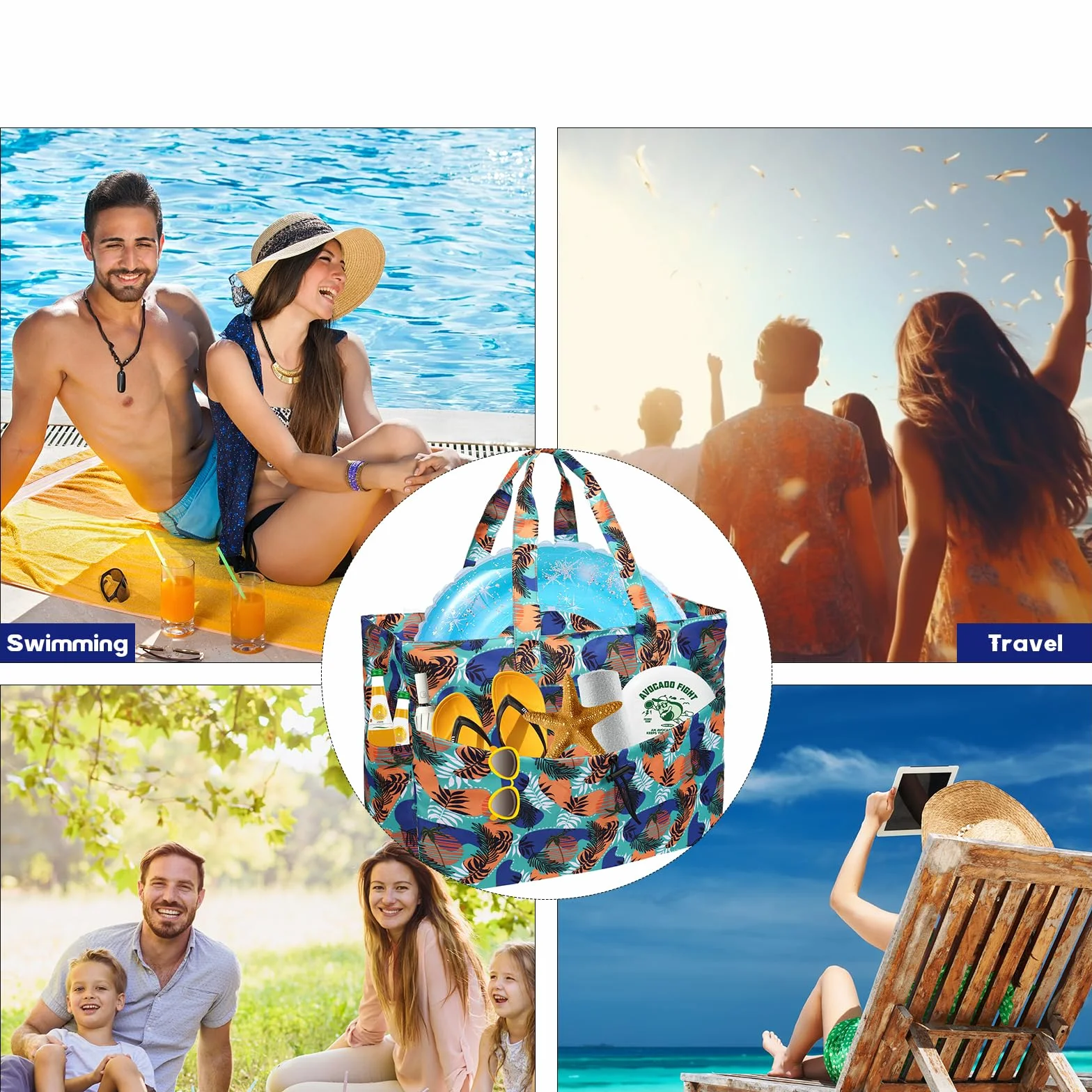 Duża torba plażowa damska z rodziną XXL, z zamkiem błyskawicznym, wodoszczelna, duża torba plażowa, dla kobiet i mężczyzn, torba kąpielowa, na basen, do sauny, na piknik, urlop, Niebieska