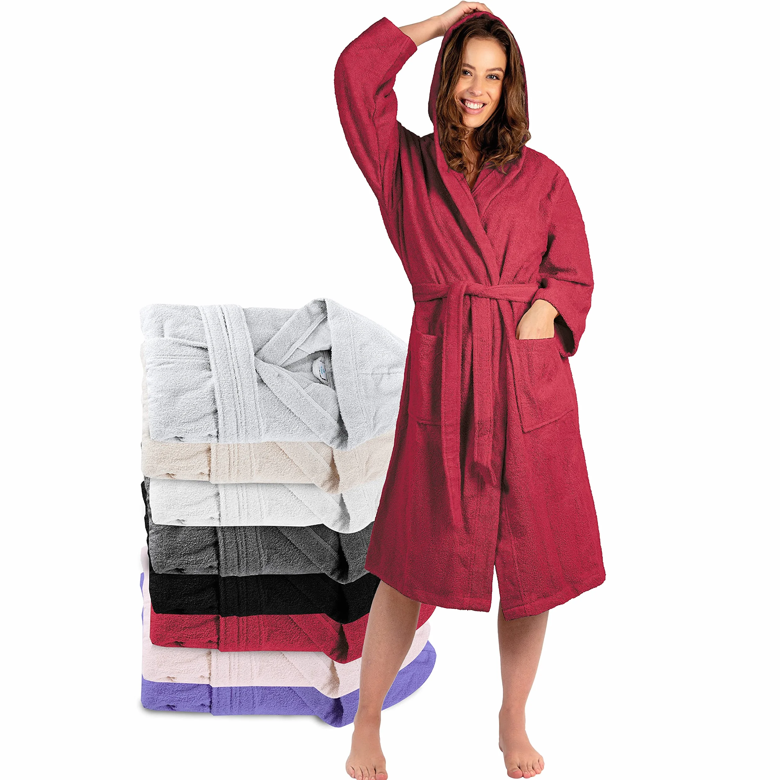 Twinzen Acappatoio na Donna con Cappuccio w Spugna Certificato Oeko Tex - XS, 2 Tasche, Cintura - Vestaglia - na Uscire dalla Doccia, Assorbente et Confortevole
