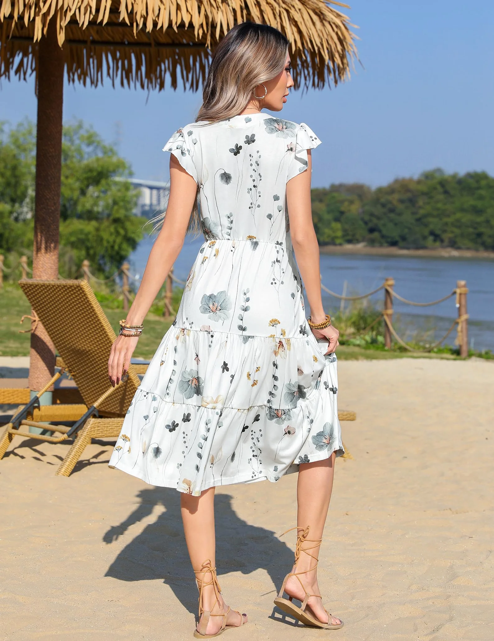 Zeagoo Damska letnia sukienka, elegancka, długość do kolan, falbanki, rękawy, dekolt w serek, sukienka plażowa, letnia sukienka z kieszeniami