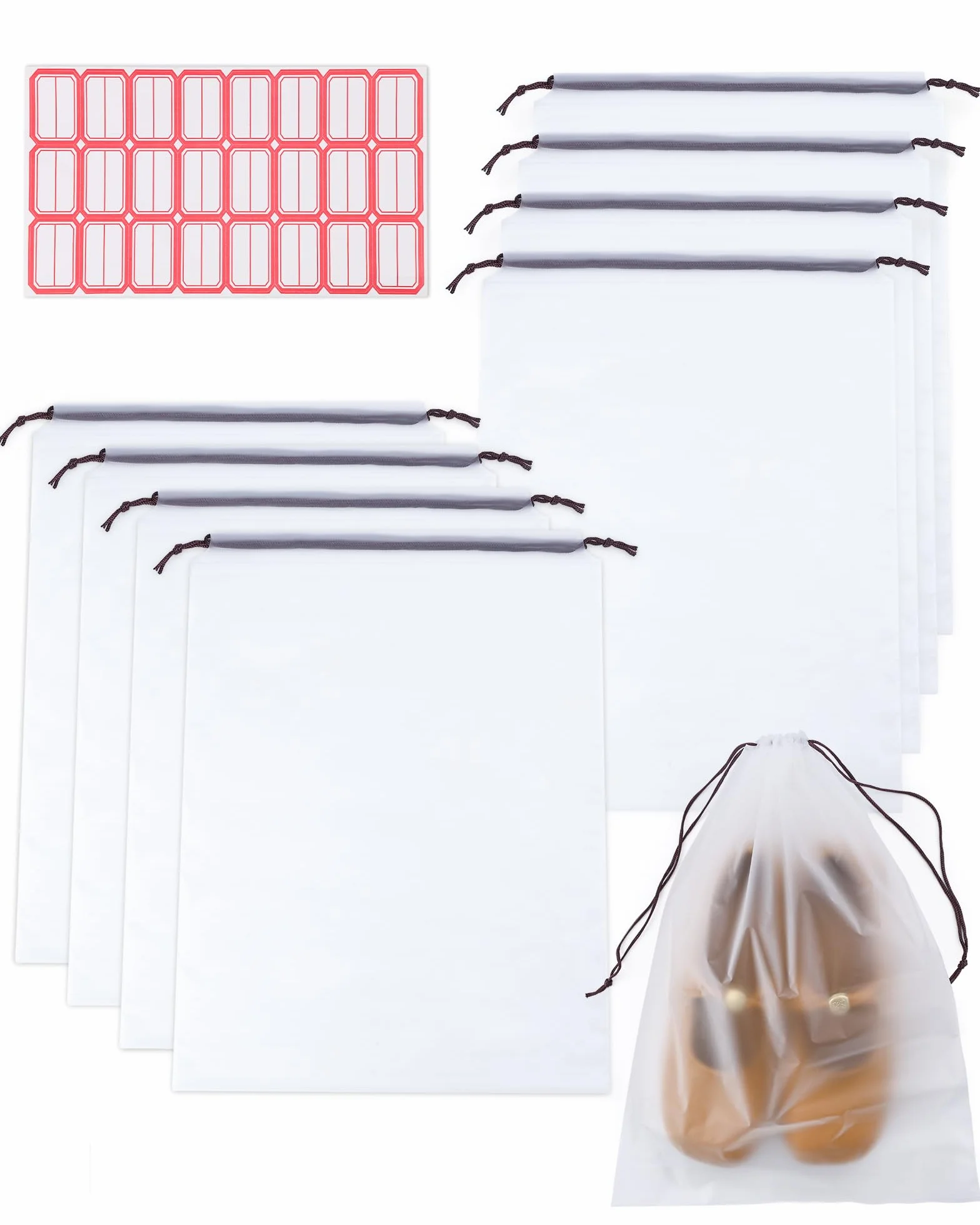 Worki na Buty do Podróży, 8 Sztuk Organizer do Butów do Walizki Wodoodporny ze Ściągaczem, 30x40cm Przezroczyste Woreczki na Buty, Dom i Siłownia, z 1 Etykietami