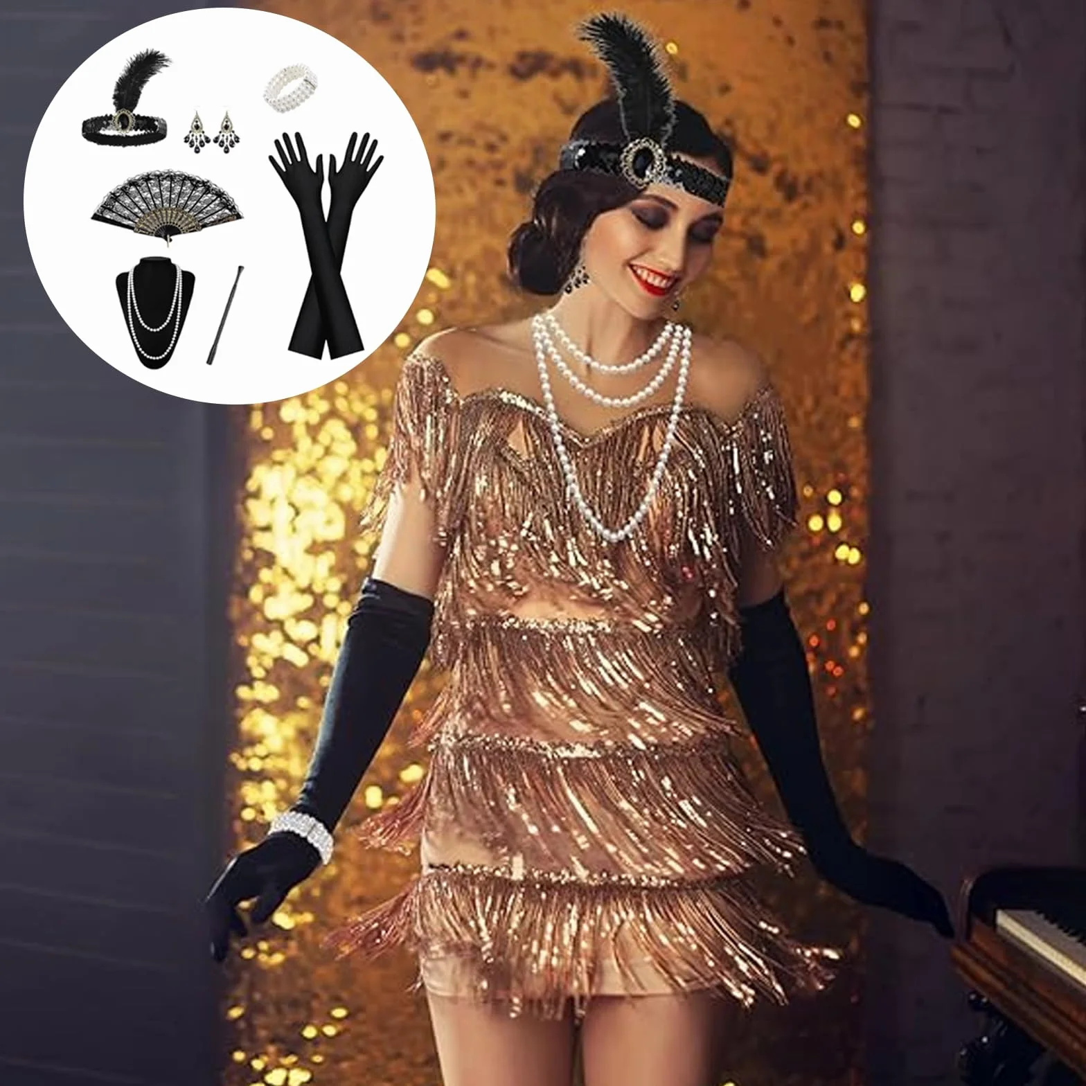 Akcesoria na rok 20, akcesoria Gatsby kostium damski, Charleston kobieta 1920 na maskaradę Halloween Boże Narodzenie karnawał