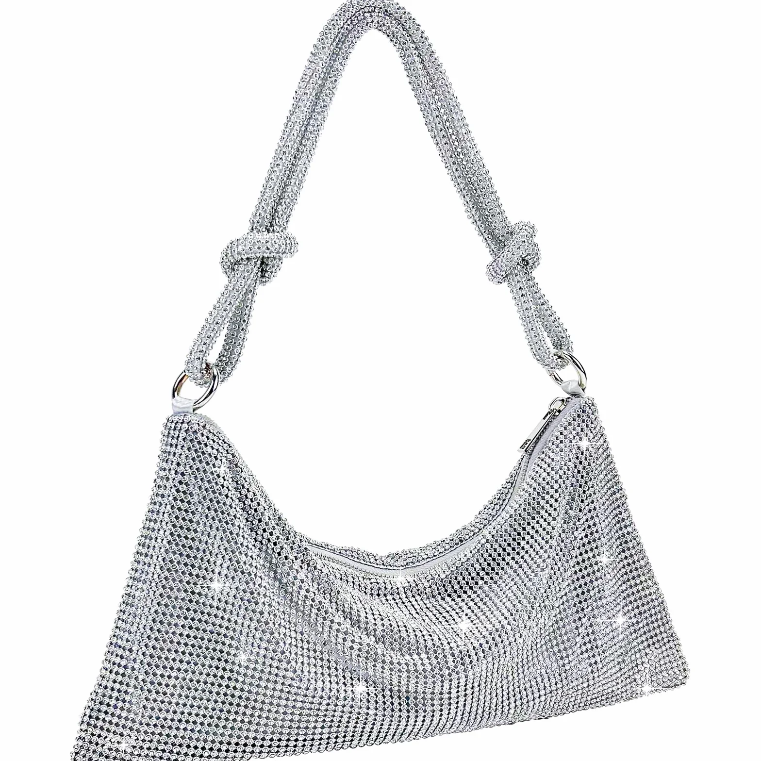 TOPALL Clutch błyszcząca damska srebrna torebka wieczorowa, torebka z diamentami na ramię, srebrna, elegancka z zamkiem błyskawicznym, kamienie strasu, kopertówka, torebka na ramię na imprezę, czas