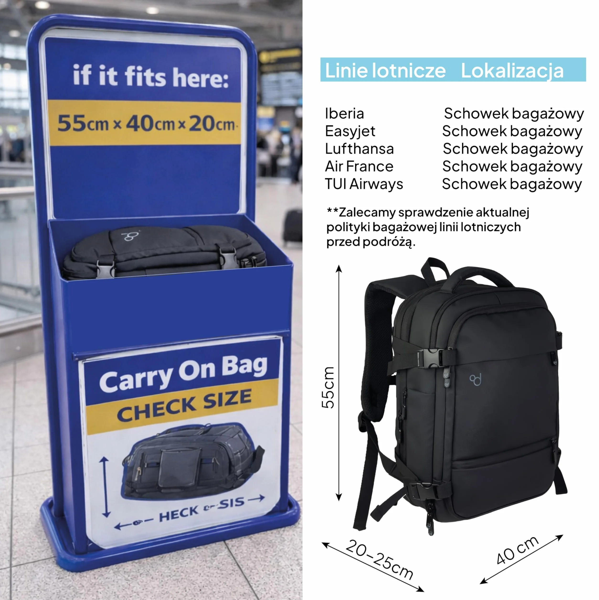 OcioDual Plecak podróżny do kabiny samolotu 55x40x20 Bagaż podręczny z możliwością powiększenia do 55x40x25 cm dla (Iberia, Easyjet, Lufthansa, Air France) Męska damska walizka kabinowa Przegroda
