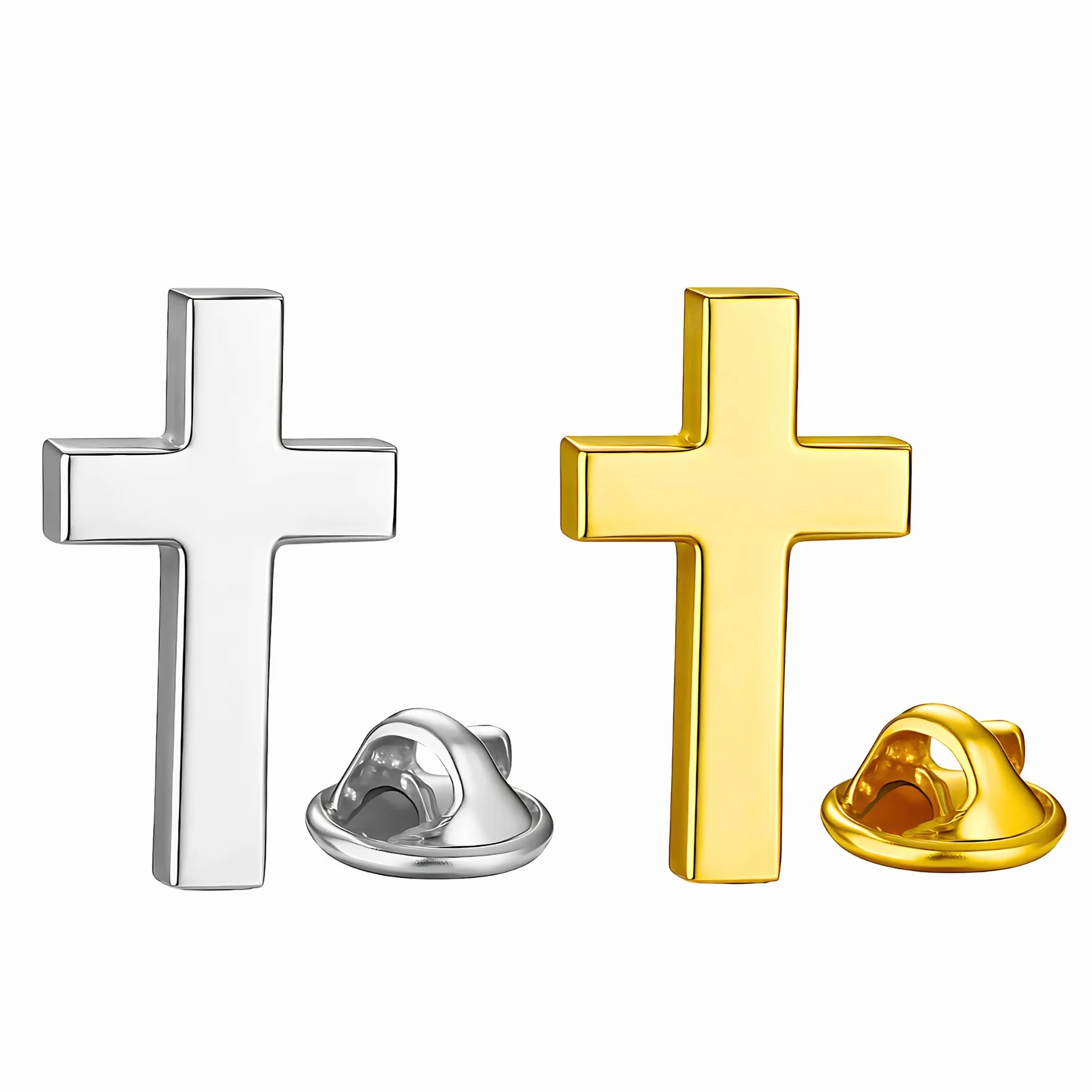 Zestaw dwóch złotych i srebrnych szpilek z krzyżem chrześcijańskim | Katolicki metalowy grawerunek laserowy w kolorze złotym | Katolicka przypinka do klapy religijnej, broszka dla mężczyzn i kobiet