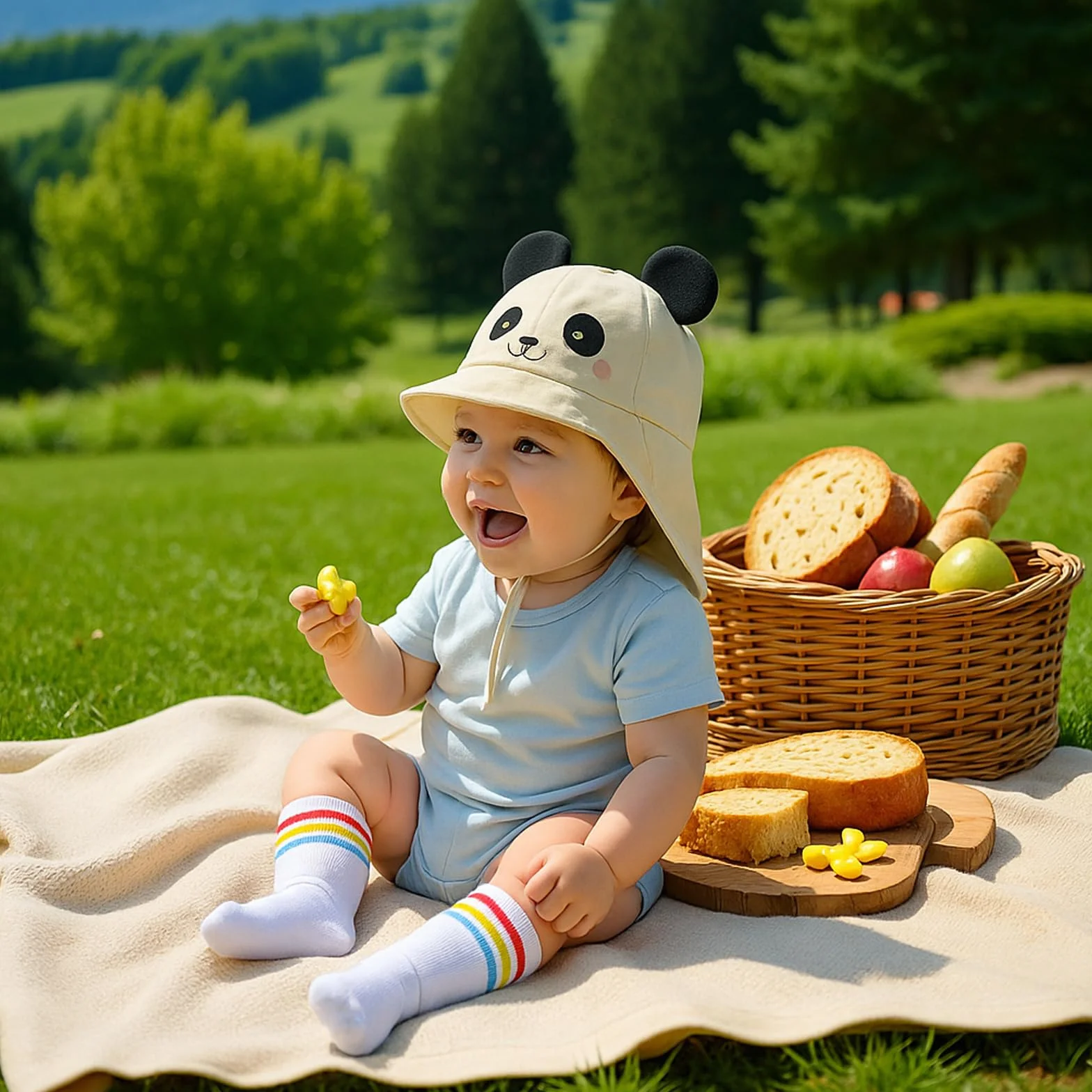 AYNKH Bebe Muslin Peaked Cap, kapelusz przeciwsłoneczny z ochroną szyi i uszu, ochrona UV (UPF 50+) Czapka unisex dla niemowląt i niemowląt, obwód głowy 38-46 cm (Panda)