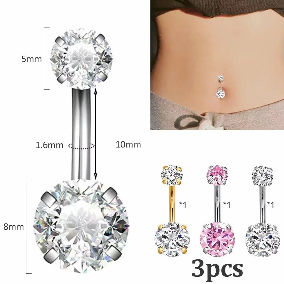 Kolczyk do pępka, 3 sztuki, zestaw kolczyków do pępka, banan, kolczyk do pępka z cyrkoniami, okrągły 8 mm + 5 mm, długość 10 mm, piercing do pępka, biżuteria do ciała - srebrny, złoty, różowy