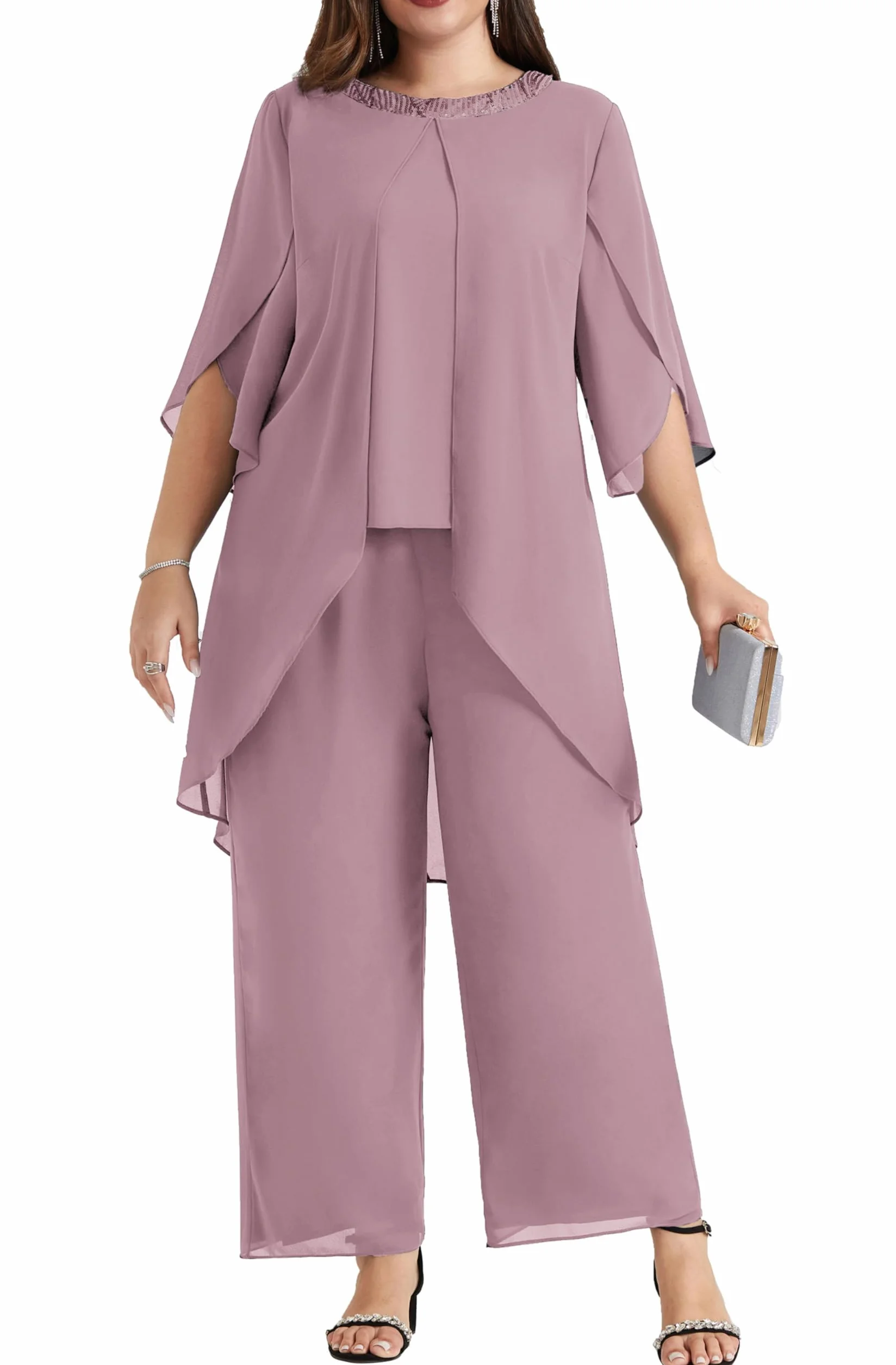 Hanna Nikole Damskie garnitury do spodni plus size stroje dla matki panny młodej, szyfon, 2 sztuki, formalny zestaw dla gości weselnych, strój festiwalowy, eleganckie stroje, cekiny, okrągły dekolt i