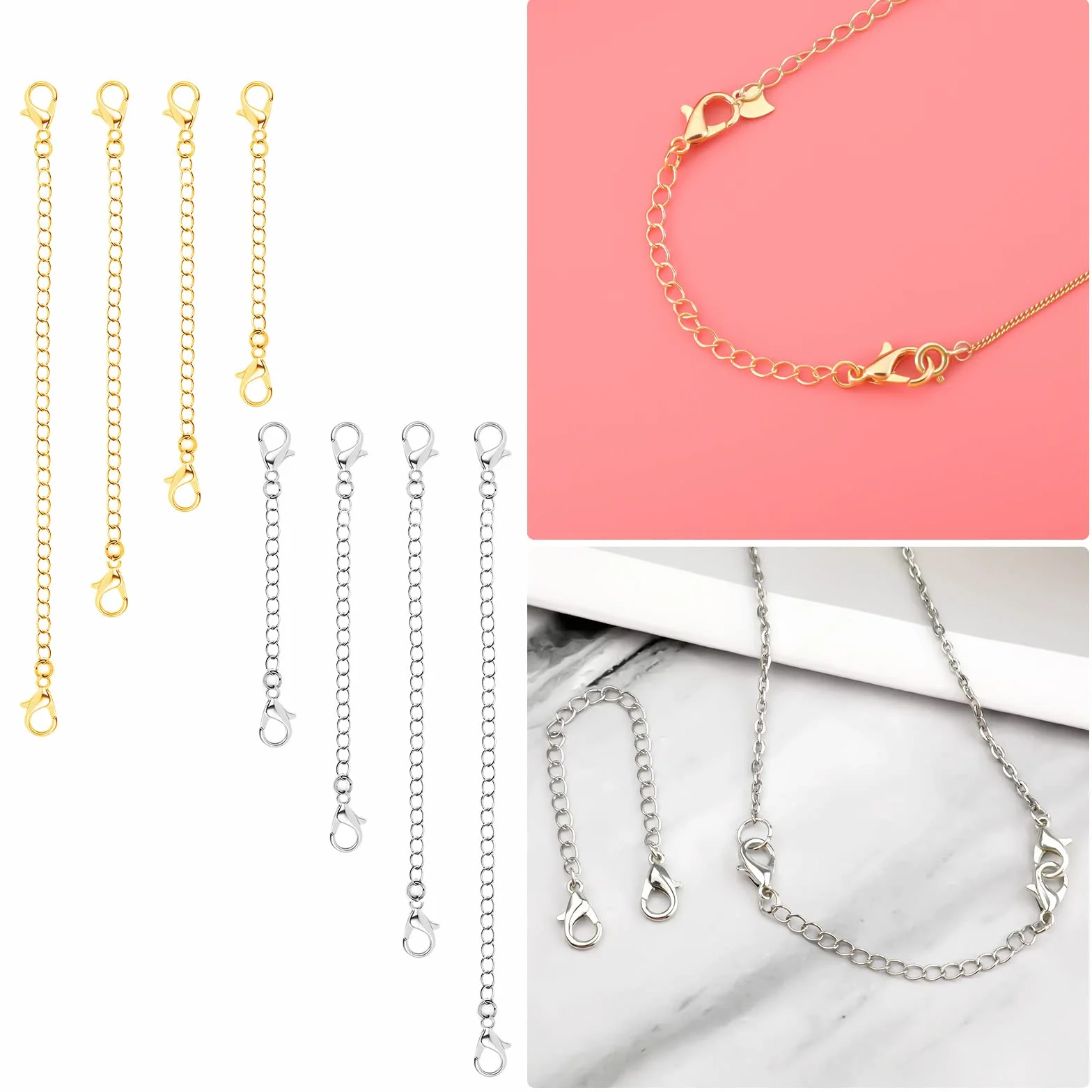 8 sztuk Jewelry Extender Chain, Rozmiar 4 Extension for Necklace Chain Lancuszek Przedluzajacy do Tworzenia Bizuterii Naszyjnik Bransoletka Obraczka (4 Zlote, 4 Srebrne)
