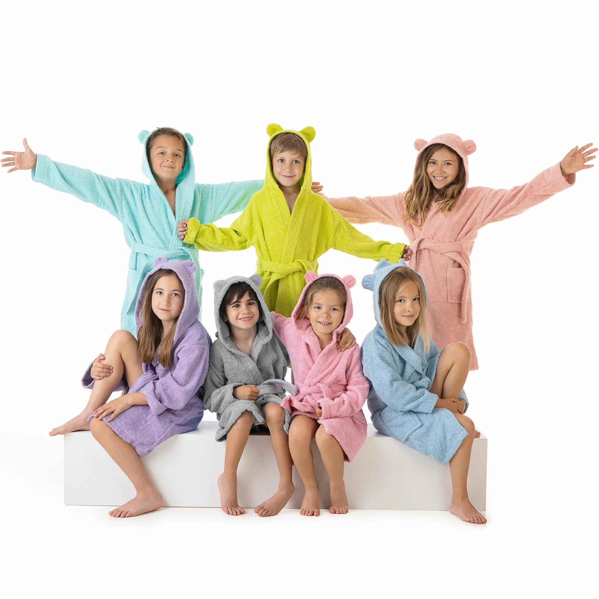 LEBENGOOD Szlafrok dziecięcy z uszami - unisex, 100% bawełna OEKO-TEX®, kieszenie, pasek, kaptur