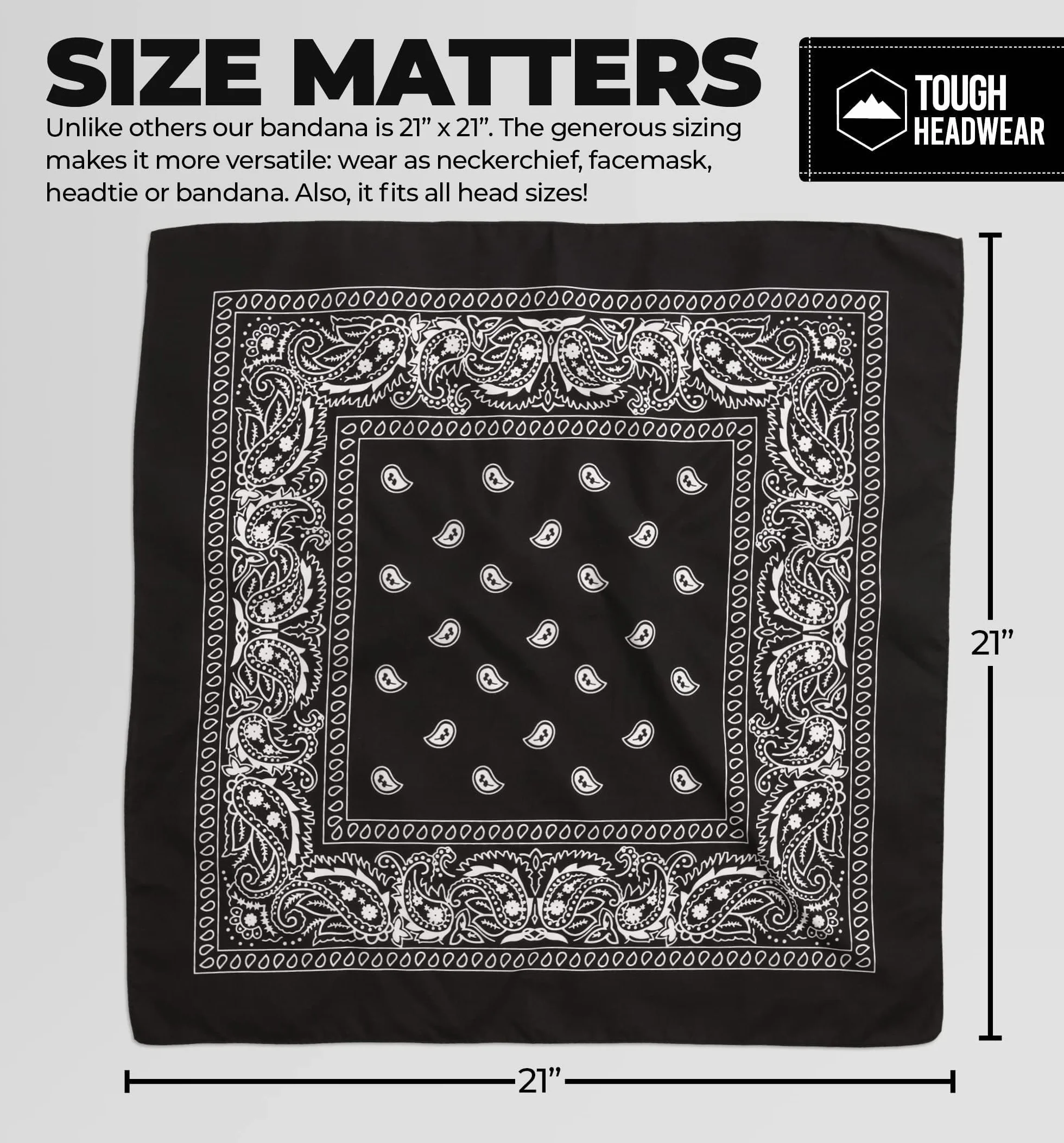Tough Headwear Duża bandana opaska na głowę - chustka bandany dla kobiet i mężczyzn - szalik kowbojski i opakowanie Durag, Blk, rozmiar uniwersalny