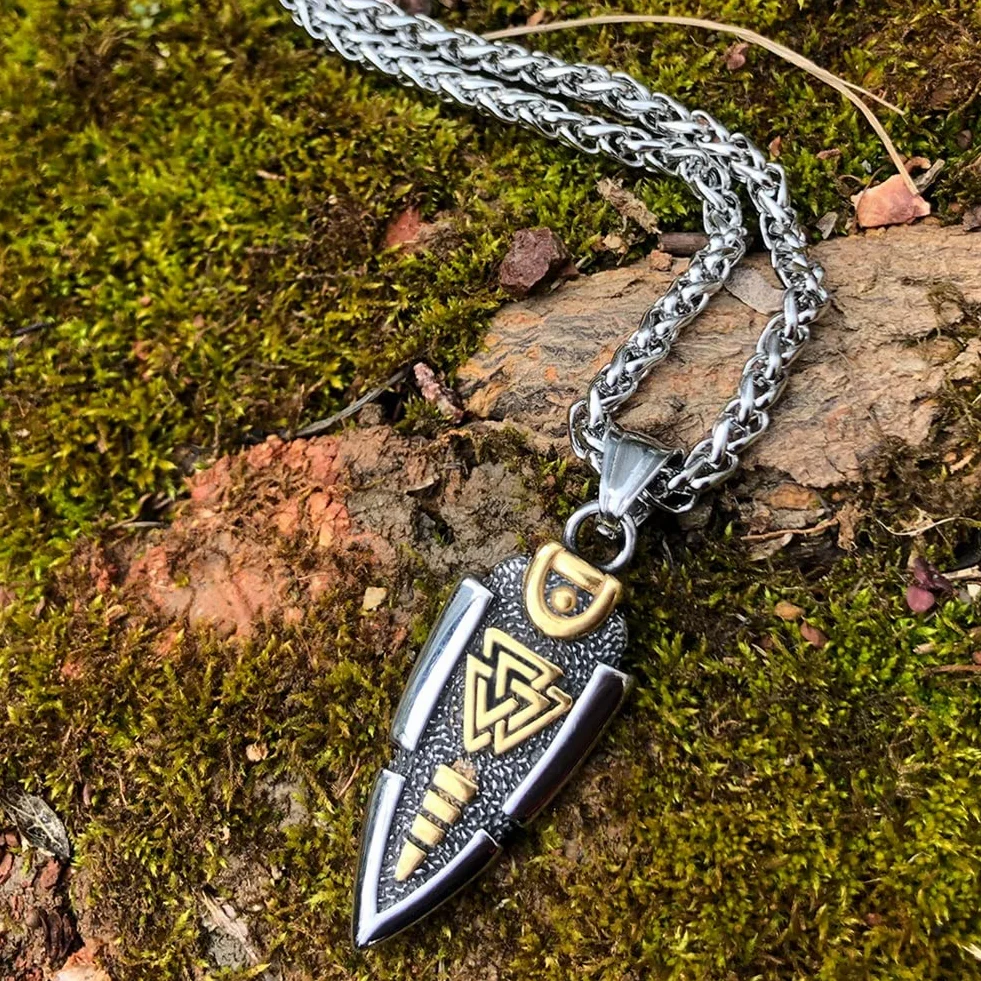 Mitologia nordycka Odyna włócznia naszyjnik - męski wisiorek grot strzały ze stali nierdzewnej - vintage średniowieczny symbol Valknut amulet islandzka biżuteria