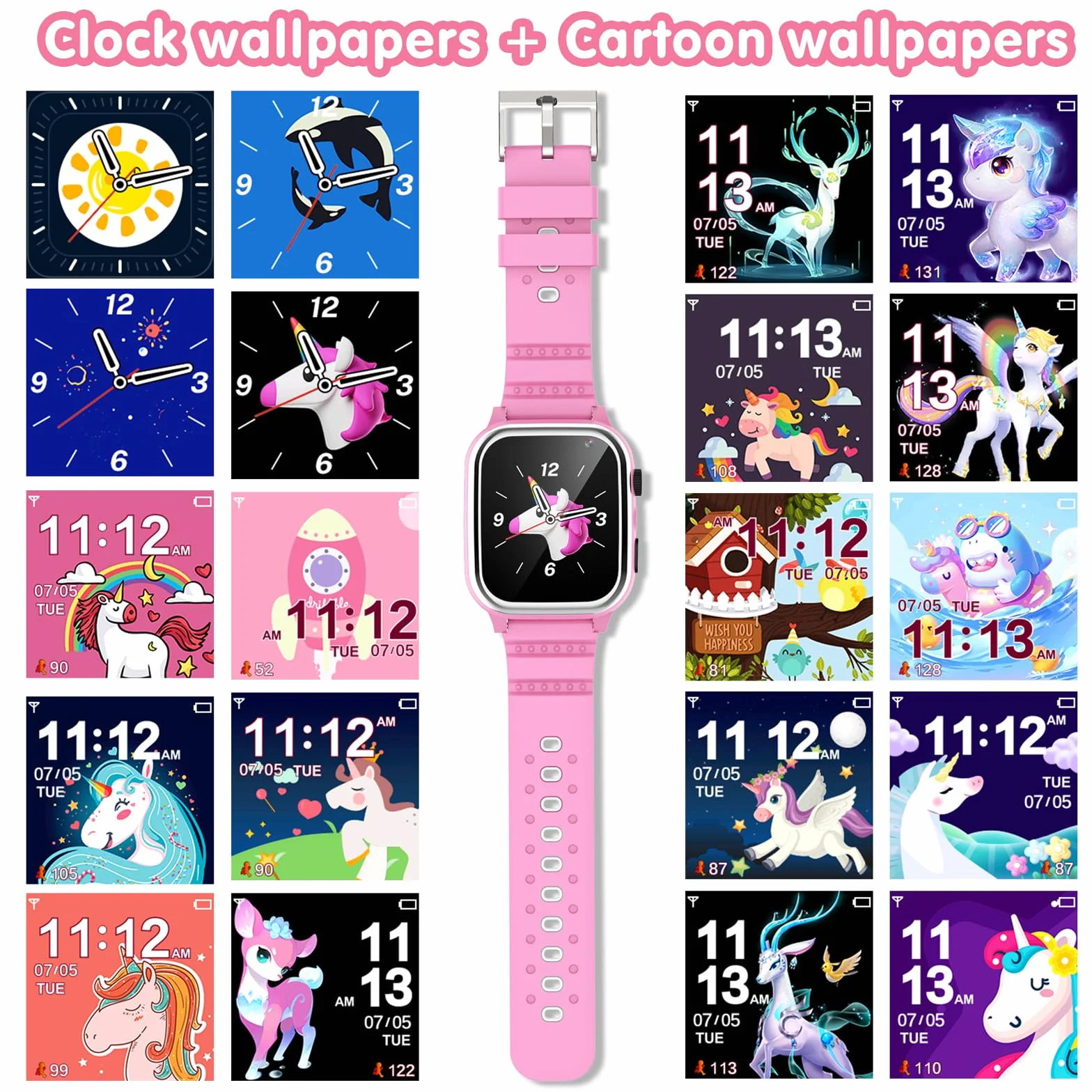 Smartwatch dla dzieci z 26 grami, muzyką kaloryczną, zegarek Smartwatch dla dzieci z telefonem, SOS, aparatem, latarką, budzikiem, słodkim tłem, prezentem dla chłopca i dziewczynki 3-12 lat