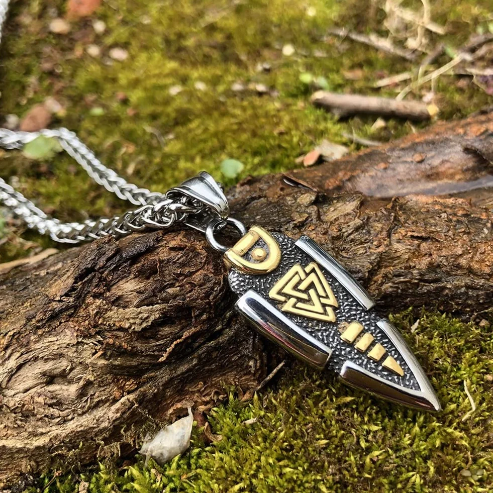 Mitologia nordycka Odyna włócznia naszyjnik - męski wisiorek grot strzały ze stali nierdzewnej - vintage średniowieczny symbol Valknut amulet islandzka biżuteria