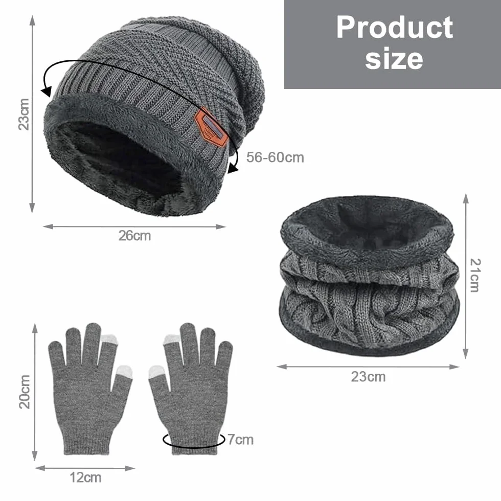 Zestaw czapek, szalików, rękawiczek, zimowych, komin, zimowy, ciepła czapka beanie, szalik, zestaw rękawiczek do ekranów dotykowych, oddychające i elastyczne, dla mężczyzn i kobiet, szary, m