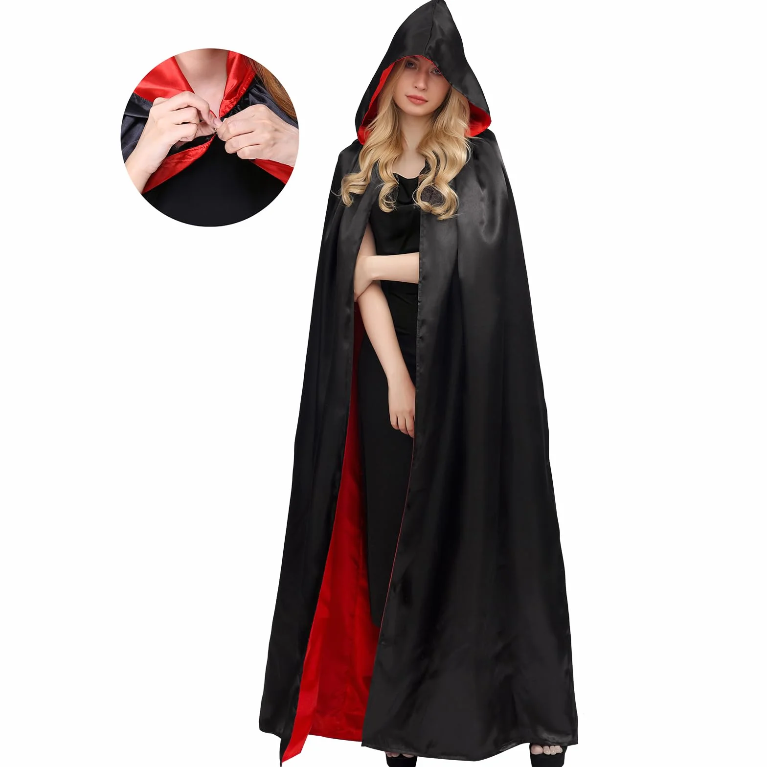 Myir JUN Czarno-czerwona peleryna dla dorosłych dzieci, uniseks, płaszcz z kapturem, kostium na Halloween, satyna, czarownice, wampiry, płaszcz, fantazyjne przebranie dla dzieci (L)