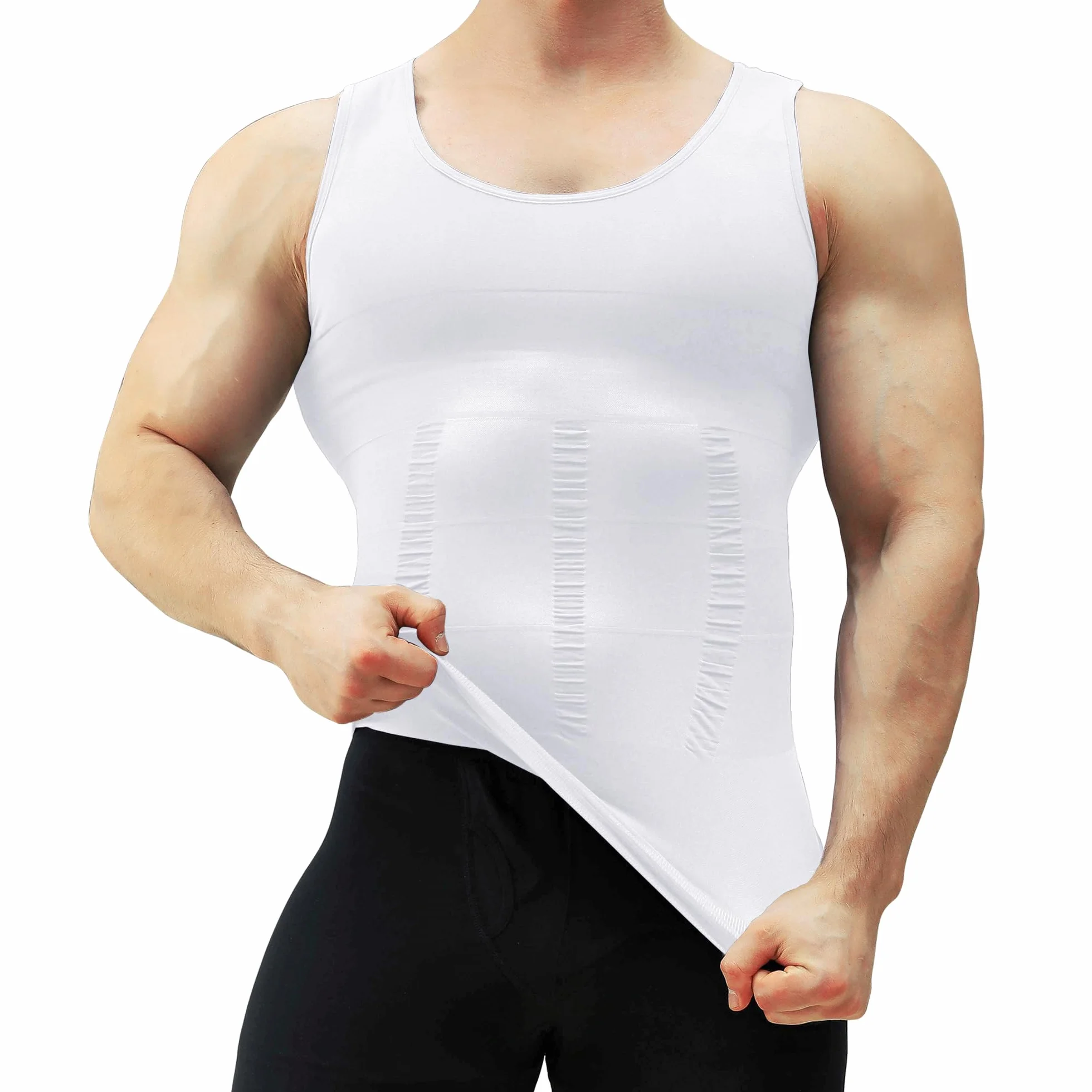 MEETYOO Koszulka kompresyjna męska typu tank top, bielizna modelująca bez rękawów, koszulka na siłownię, sport, podkoszulek dla mężczyzn, bodybuilding, trening, body Shaper, biały, XL