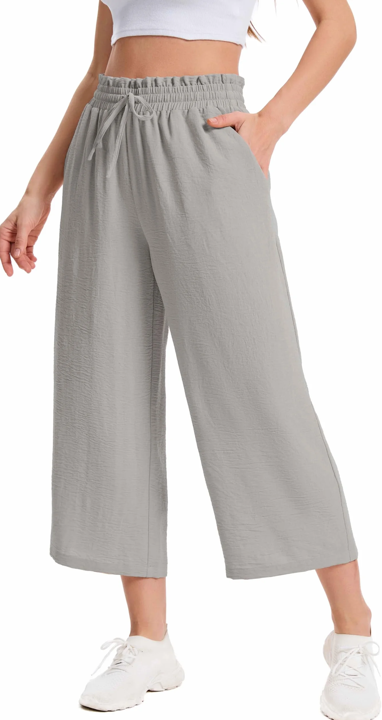 Damskie Spodnie Letnie 3/4 Culotte Wysoki Stan z Falbanką Elastyczną Talią Lekkie Oddychające Spodnie Capri z Kieszeniami dla Kobiet