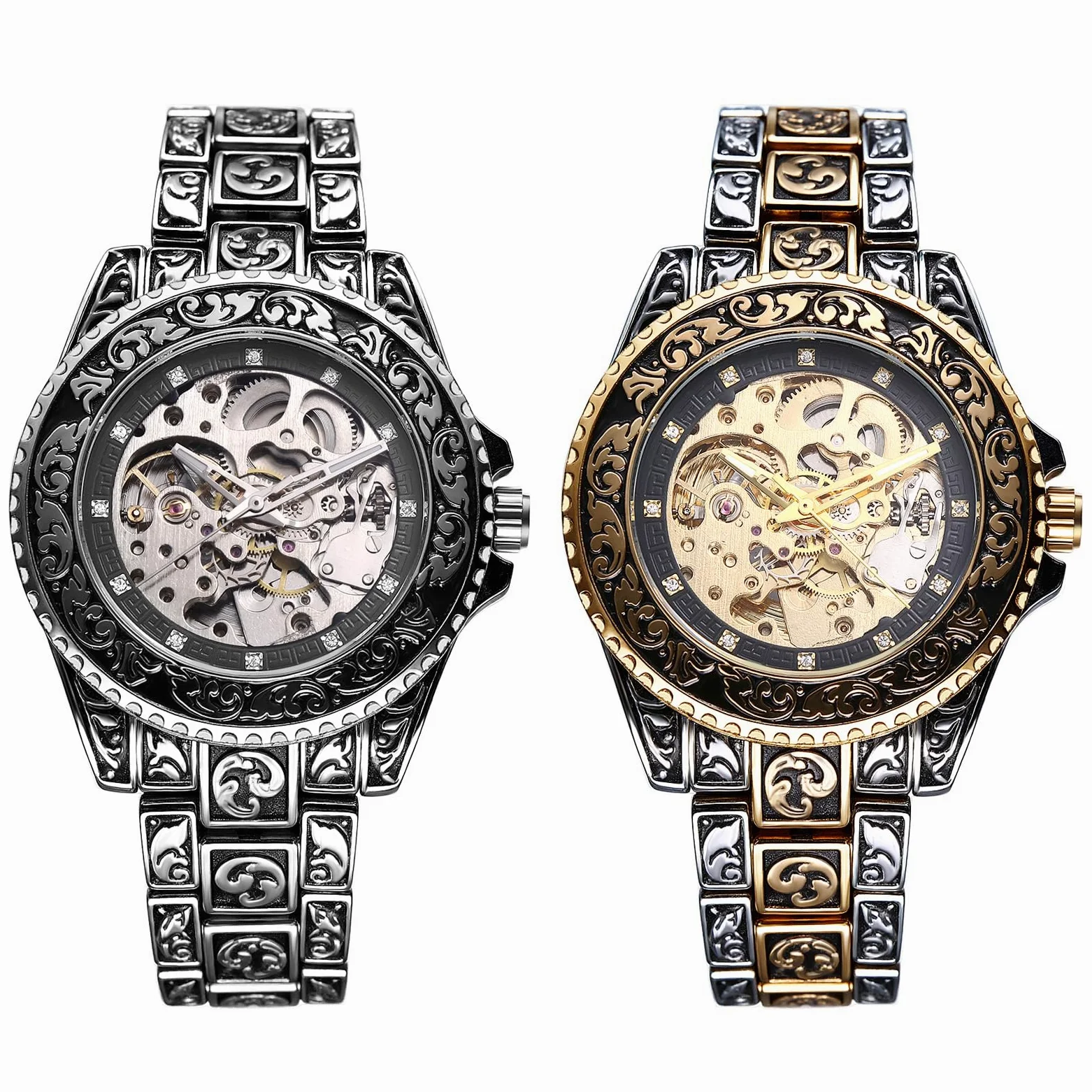 JewelryWe Zegarek męski w stylu vintage, szkielet, zegarek automatyczny: antyczny złoty, 36 godzin rezerwy biegów, automatyczny, mechaniczny zegarek na rękę, stal nierdzewna, automatyczny zegarek ze