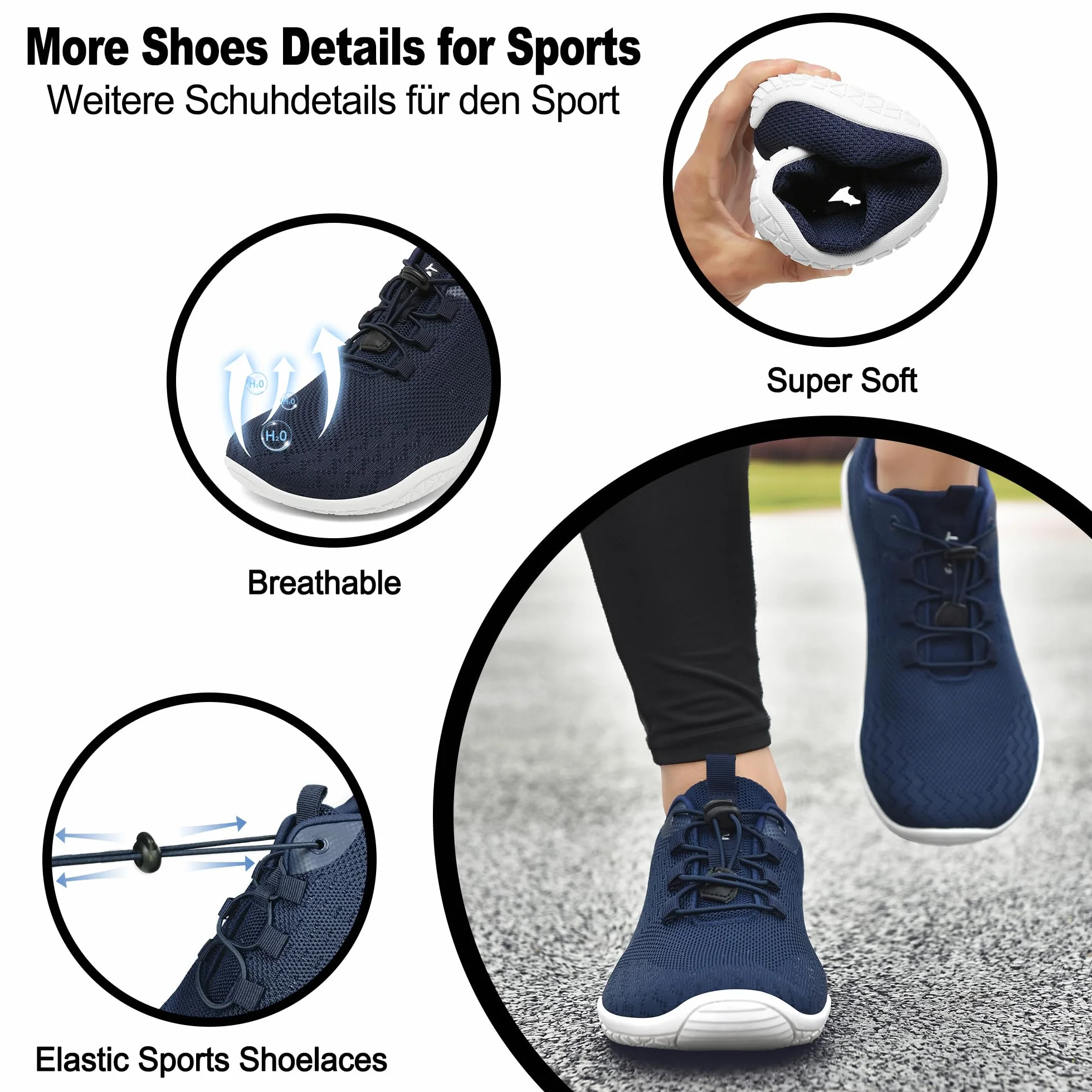 Geweo Buty Barefoot Mężczyźni Kobiety Lato Barefoot Shoes Szeroką Skrzynką na Palce Lato Oddychające Buty do Biegania Buty do Treningu Lekkie Wygodne Buty Fitness Sneaker Unisex Ciemnoniebieski 43EU