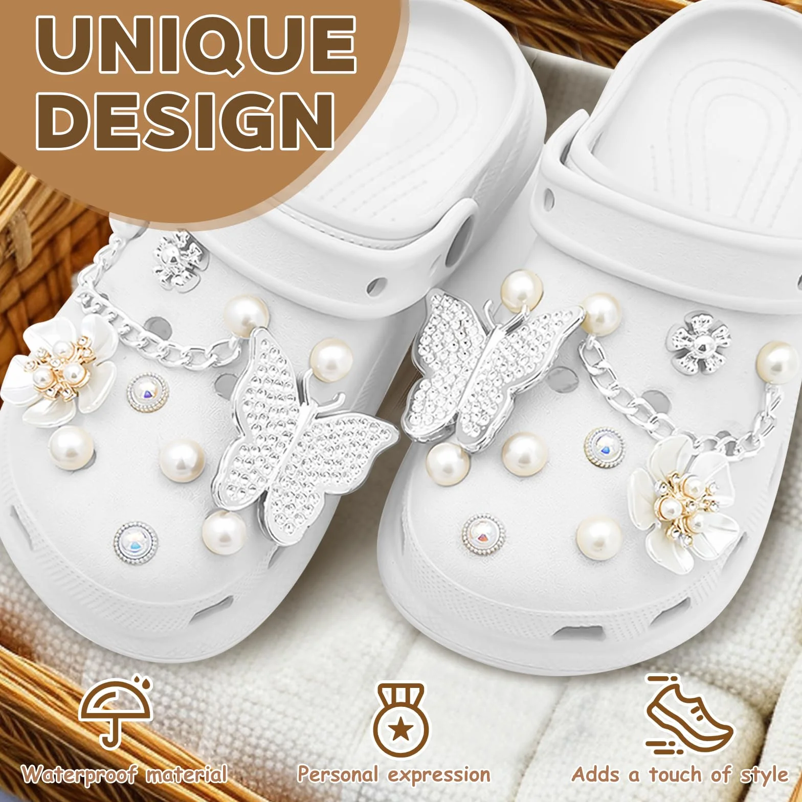 20 sztuk Crocs Ornamenty, Charms Crocs z perłowymi łańcuchami, Pin Crocs Motyle Deco, Kwiaty Croc Pin, Zdejmowane DIY Akcesoria Croc dla kobiet Dorosłych
