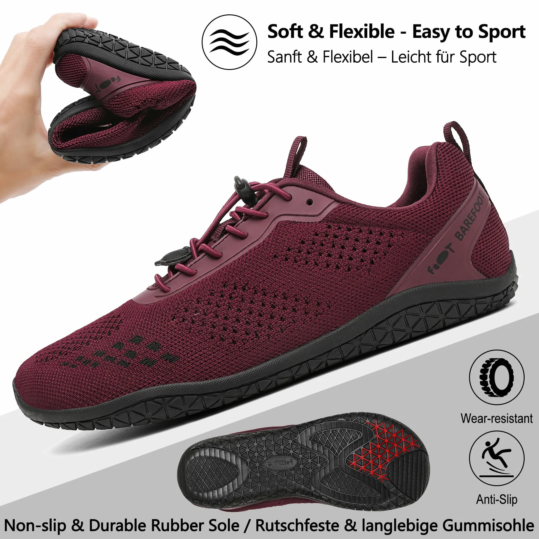 Geweo Buty Barefoot Męskie i Damskie Lekkie Wygodne Buty Sportowe Treningow z Szeroką Skrzynią na Palce Oddychające Buty do Biegania, do CrossFit z podeszwą Zero-Drop Unisex Burgund Czerwony 42EU