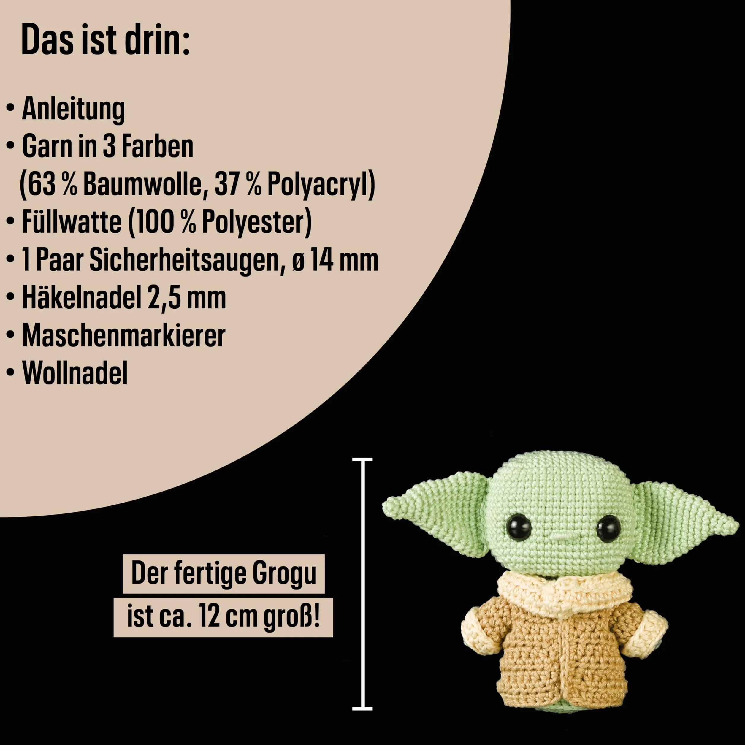Funkogurumi Grogu. Das inoffizielle Häkelset: Anleitung, Misch-Garn in 3 Farben, Füllwatte, Häkelnadel 2,5 mm, Sicherheitsaugen, Maschenmarkierer, Wollnadel