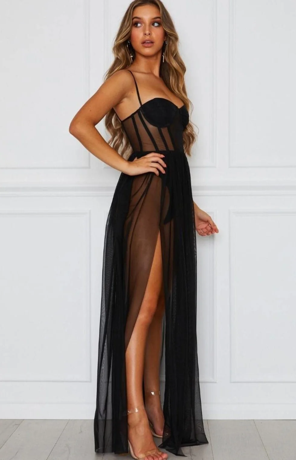 JFAN Kobiety Mesh Maxi Sukienka Sheer Seksowna Bielizna Bez Rękawów Maxi Sukienka Prom Królowa Długa Sukienka