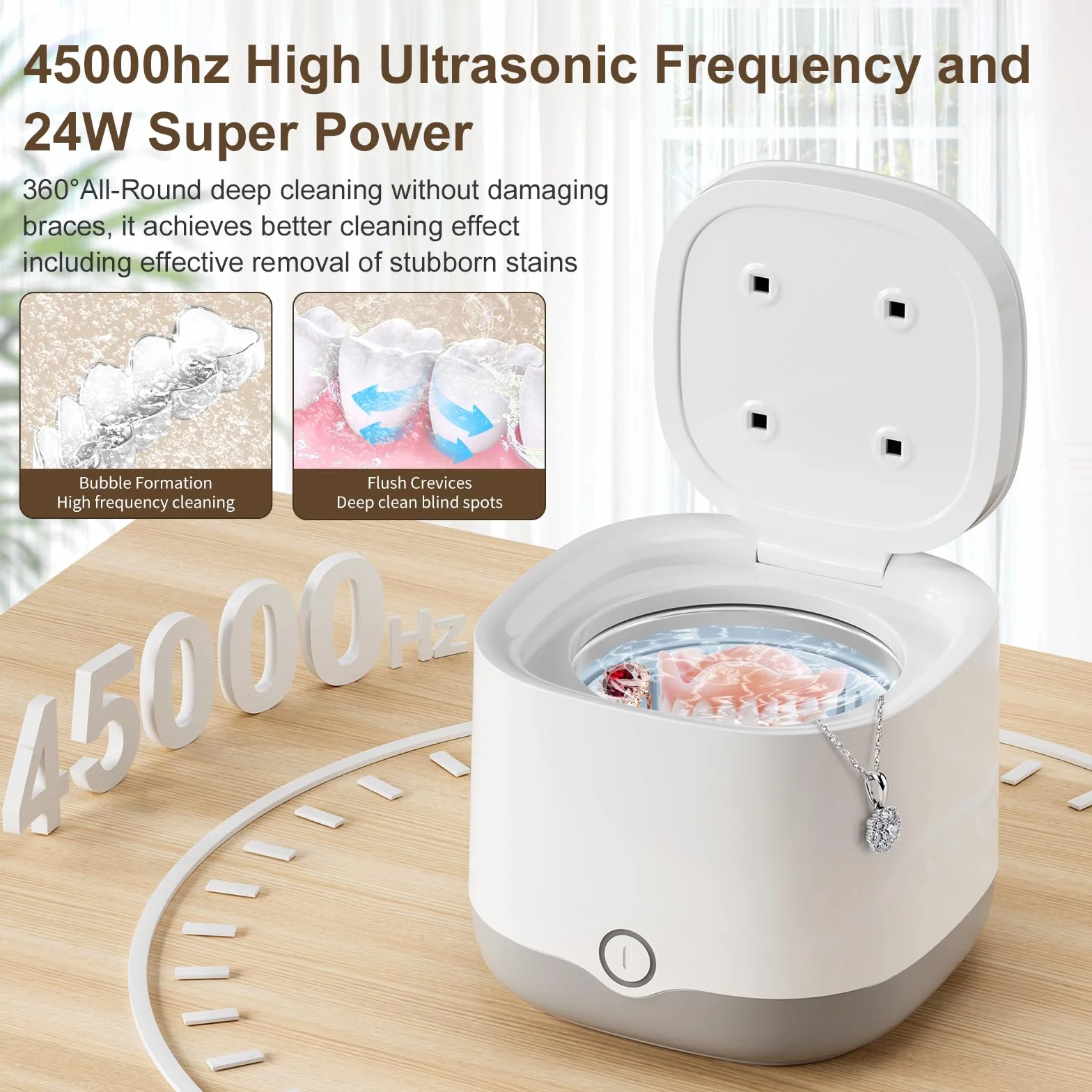 Ultradźwiękowe urządzenie do czyszczenia szyn zębowych UV 45000 Hz 24 W Dental Pod do protez, nakładek, ochraniaczy na zęby, nakładek wybielających, czyszczenie ultradźwiękowe - 5 minut czyszczenia