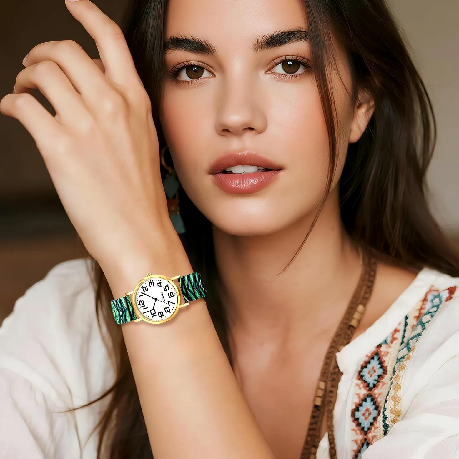 JewelryWe Zegarek damski w stylu boho elastyczny zegarek: 6 sztuk w stylu boho, kolorowe wzory, analogowy, kwarcowy, zegarek na rękę, stal nierdzewna, rozciągliwa bransoletka dla seniorów, zegarek z