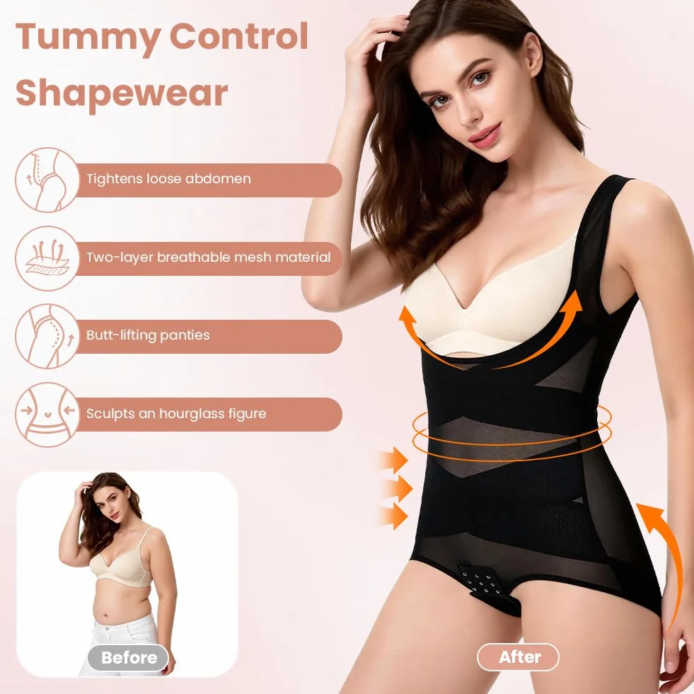 DiULi Damskie body modelujące brzuch, płaskie, modelujące ciało, dekolt w kształcie litery U, biustonosz podtrzymujący klatkę piersiową, oddychająca siateczka, opaska na głowę, wyszczuplający