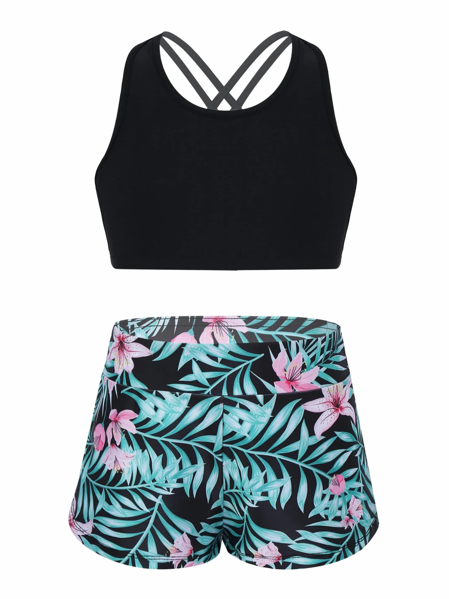Agoky Dziewczęce sportowe tankini zestaw bikini dwuczęściowy strój kąpielowy z gorsetem + krótkie spodenki, wzór panterki, strój gimnastyczny, gimnastyka, joga, taniec, odzież rozm. 116-164