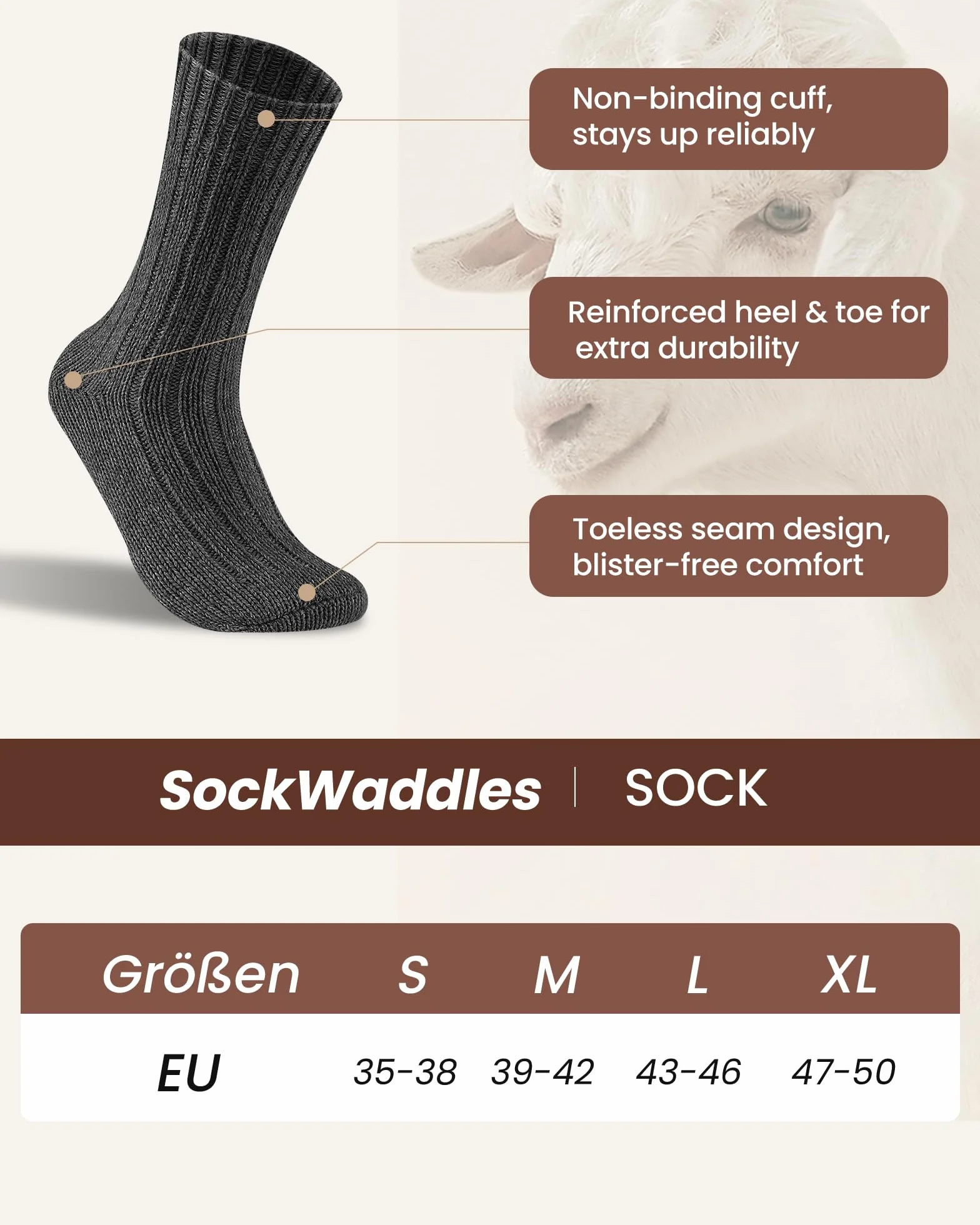 SockWaddles–4 Pary Skarpetek z Alpaki, Uniwersalne, Przepuszczalne, Ciepłe i Grube, Ekstremalnie Ciepłe Skarpetki Zimowe, z Alpaką Wełną,Rozmiar 39-42 43-46