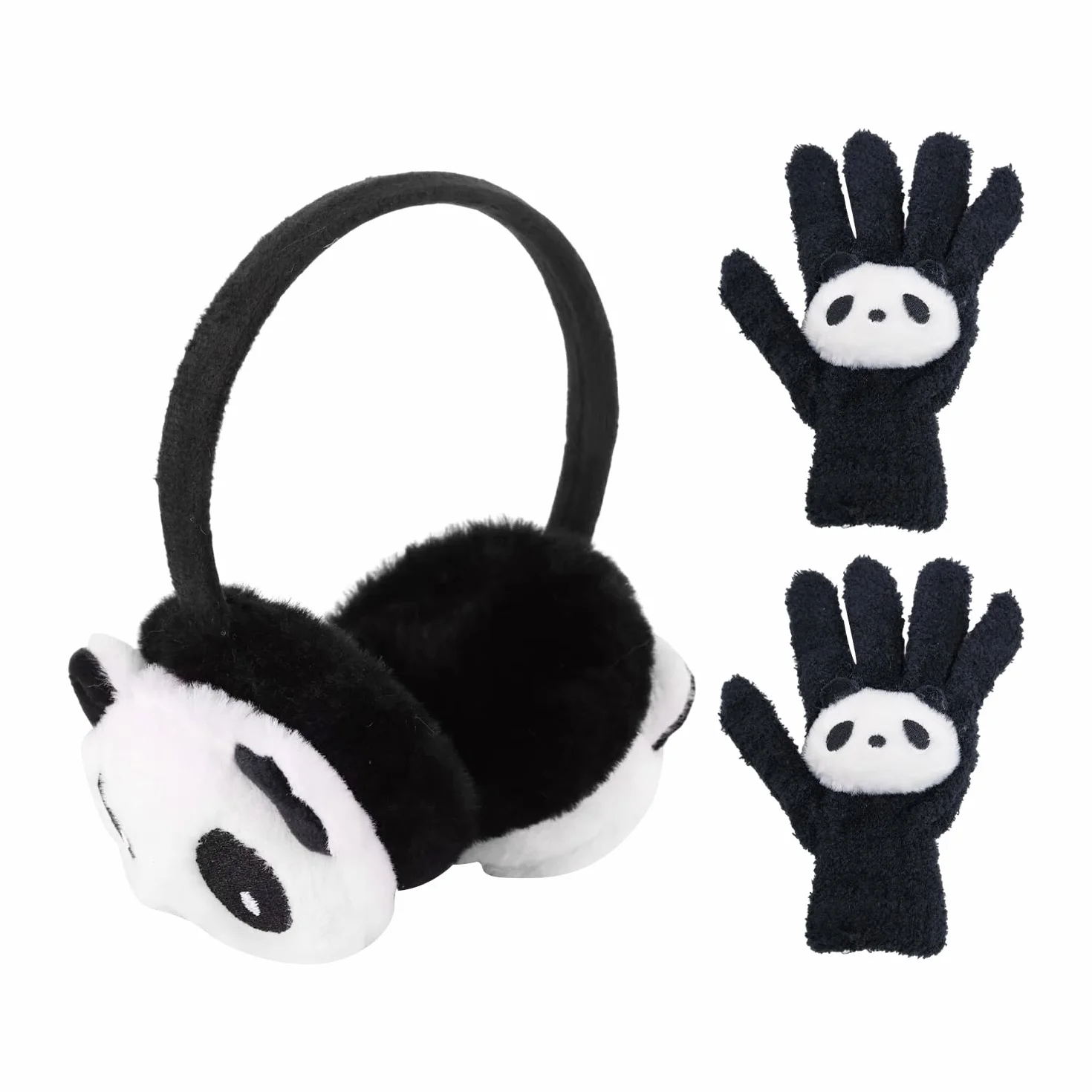 1 sztuka Panda nauszniki, 1 para pluszowych rękawic pandy, zimowe pluszowe ocieplacze na uszy, dziecięce ocieplacze na uszy, śliczny zestaw termiczny dla zwierząt, Czarno-biały, M