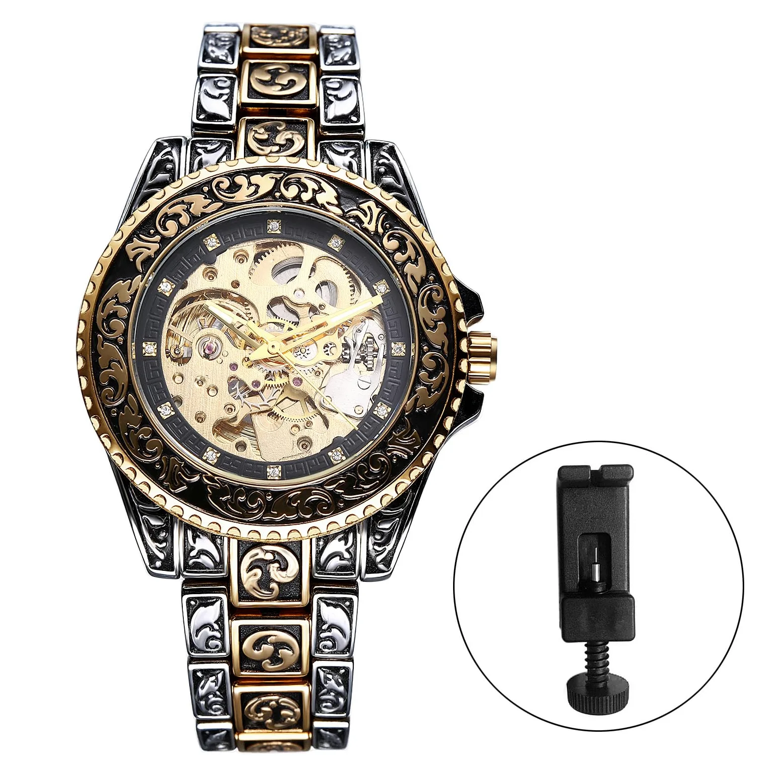 JewelryWe Zegarek męski w stylu vintage, szkielet, zegarek automatyczny: antyczny złoty, 36 godzin rezerwy biegów, automatyczny, mechaniczny zegarek na rękę, stal nierdzewna, automatyczny zegarek ze