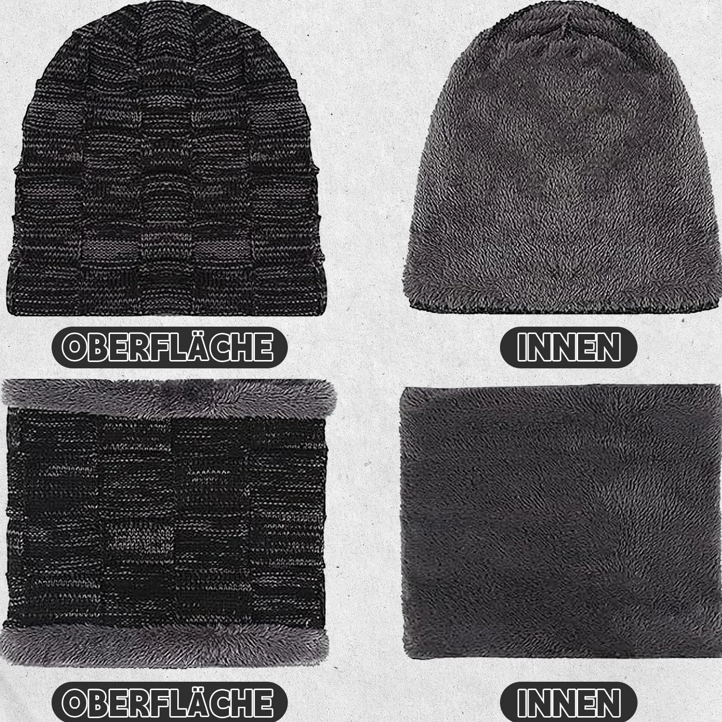 Męska czapka zimowa, zestaw szalików, szaro-czarna, imitacja kaszmiru, czapka beanie, czapka z dzianiny, dla mężczyzn i kobiet