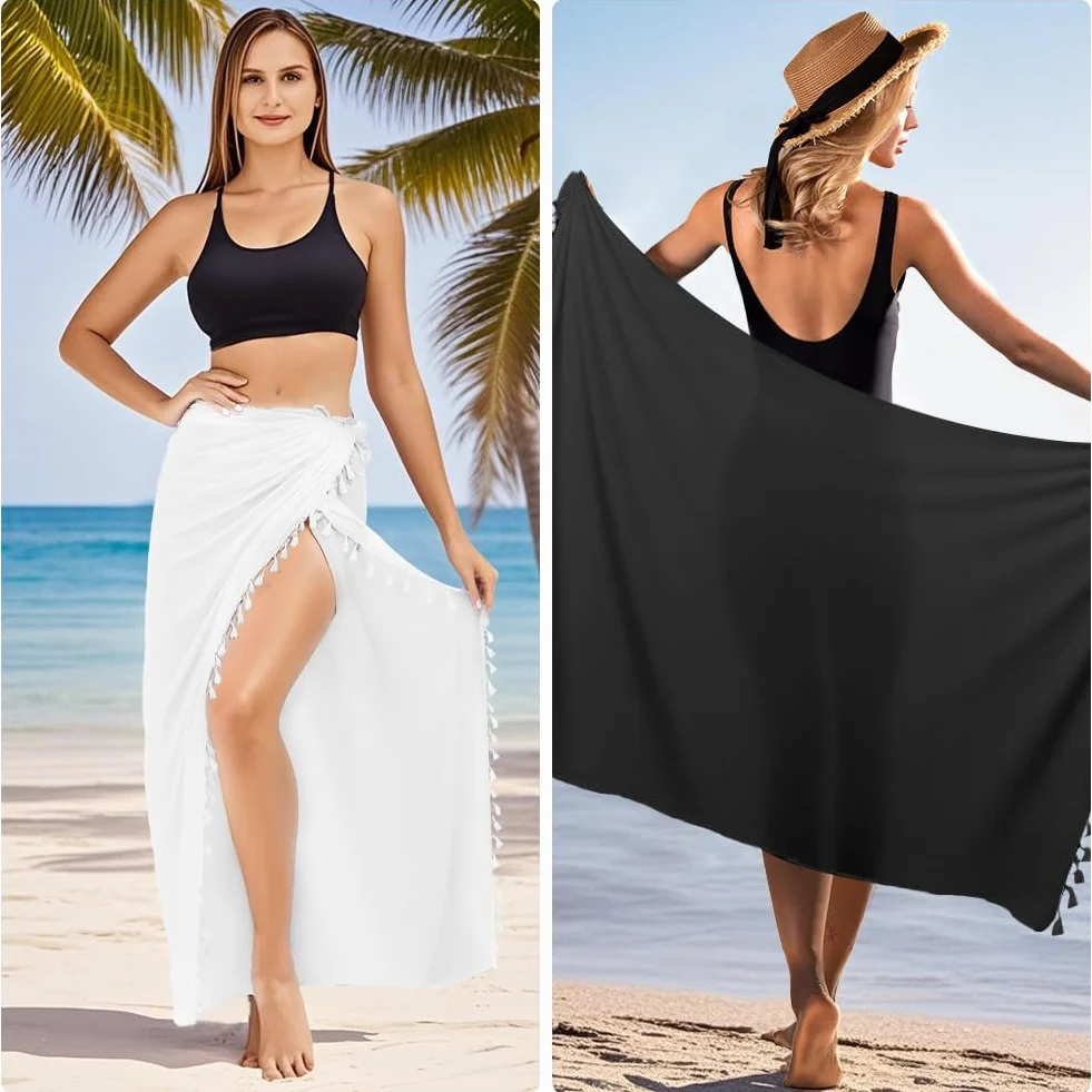 DiULi Spódnica plażowa Sarong, damska sukienka do przewijania sarong pareo, chusta do przewijania bikini z frędzlami, spódnica kopertowa, duża na plażę