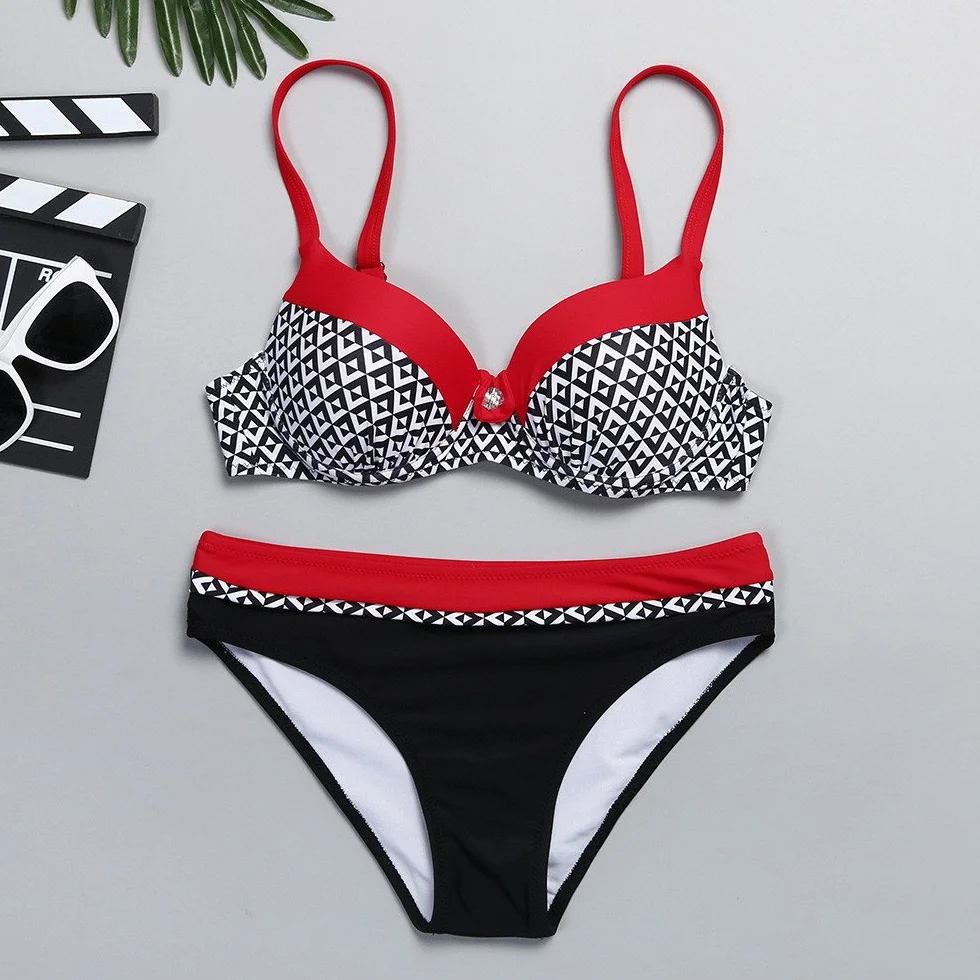 Kanpola bikini damskie, dwuczęściowy kostium kąpielowy, dwuczęściowy kostium kąpielowy, strój kąpielowy z nadrukiem, strój kąpielowy w stylu vintage, na plażę, push up, wyściełany strój kąpielowy