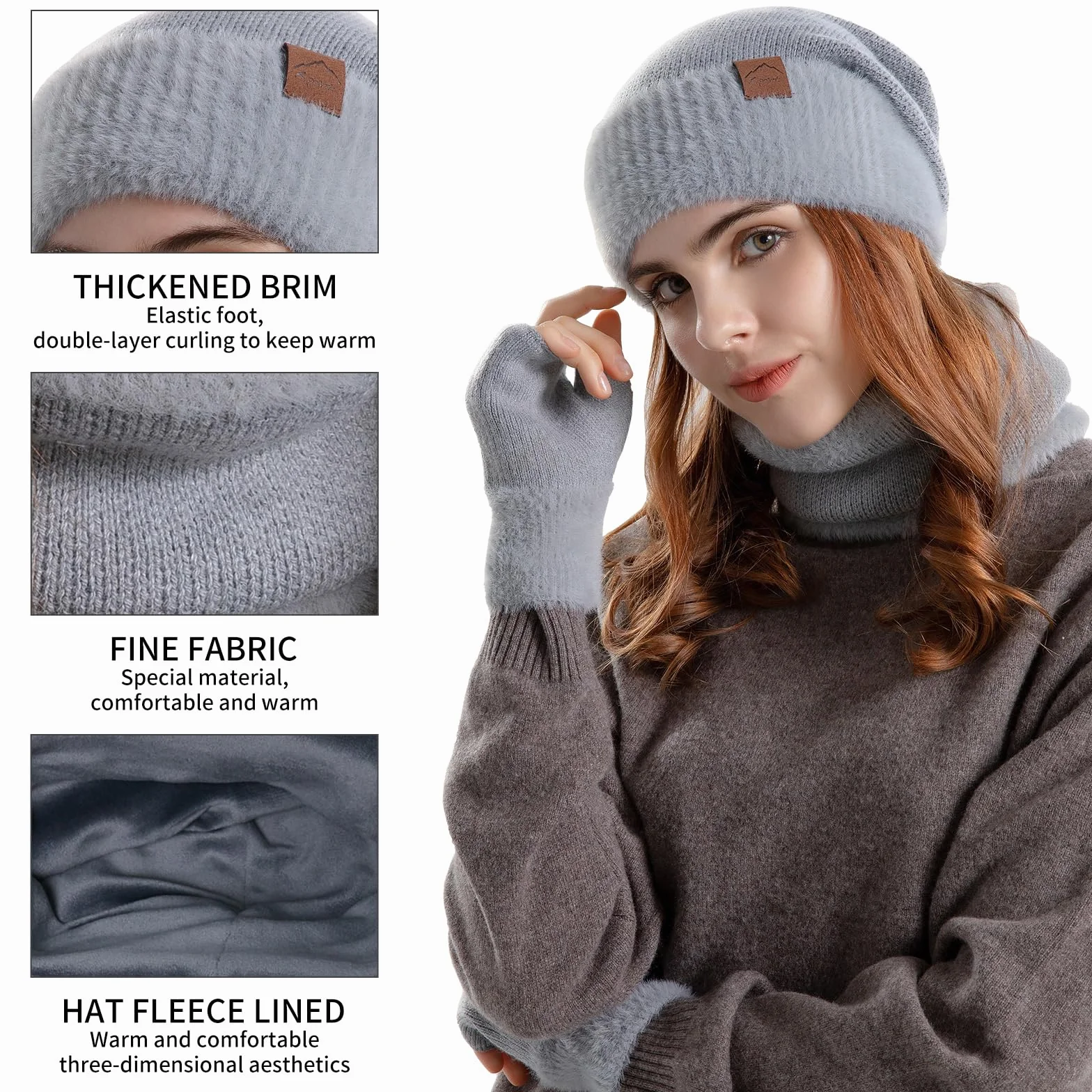 Zestaw czapek i szalików dla kobiet z podszewką polarową, czapka, szalik i rękawiczki, zestaw damski, 3 w 1, termiczna dzianinowa czapka beanie, ocieplacz na szyję, rękawiczki bez palców, dla