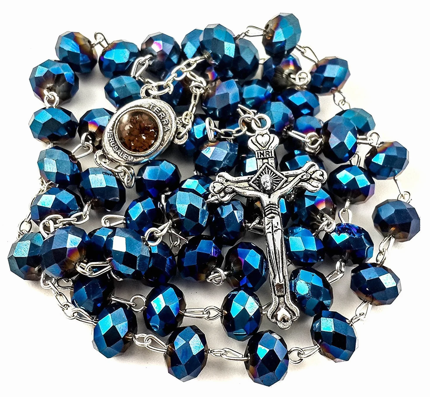 Głębokoniebieskie kryształowe koraliki naszyjnik różaniec modlitwa katolicka jerozolima medal ziemi świętej krzyż ziemia święta antyczne różańce religijne kolekcja koralików