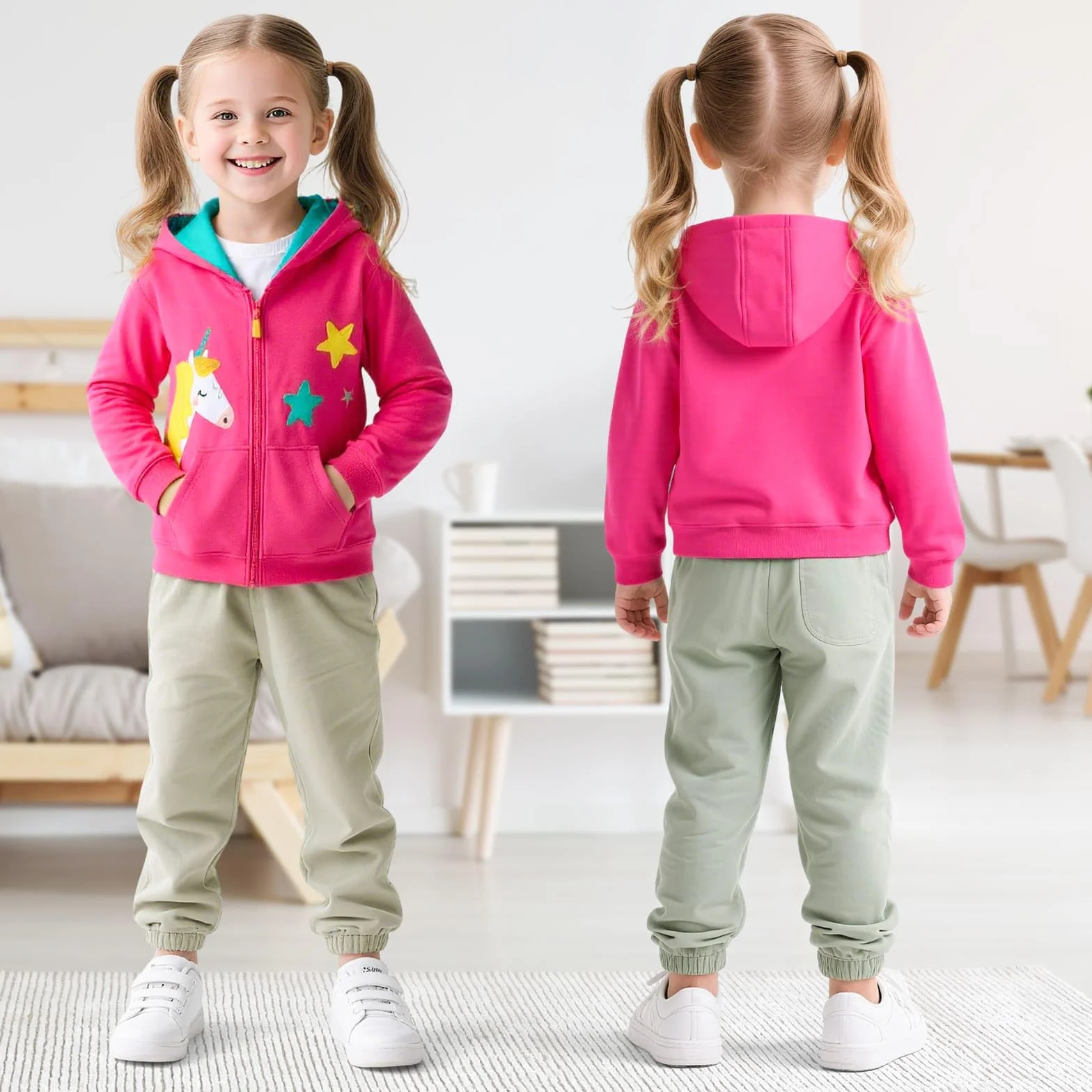 Bluza z kapturem z zamkiem błyskawicznym dla dziewczynki, chłopca, bawełniana kurtka z długim rękawem z kieszeniami, jednorożec traktor bluza z kapturem wiosna jesień casualowe ubrania szkolne