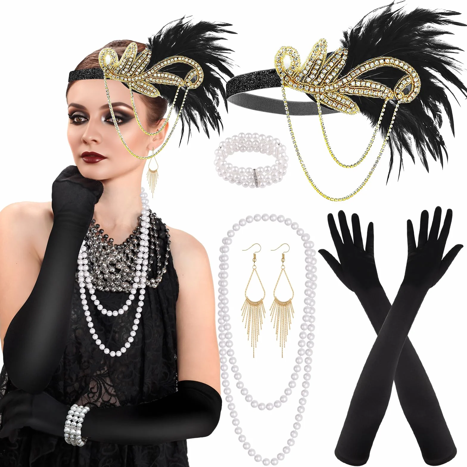 PLULON Zestaw akcesoriów Flapper Great Gatsby z lat 20. XX wieku, modny zestaw tematyczny z opaską na głowę, długie czarne rękawiczki, naszyjnik, kolczyki dla kobiet