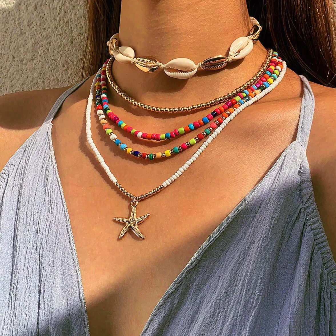 Naszyjnik w stylu boho, kolorowe muszle, koraliki warstwowe, naszyjnik, plaża, rozgwiazda, biżuteria damska, metal, metal, Metal