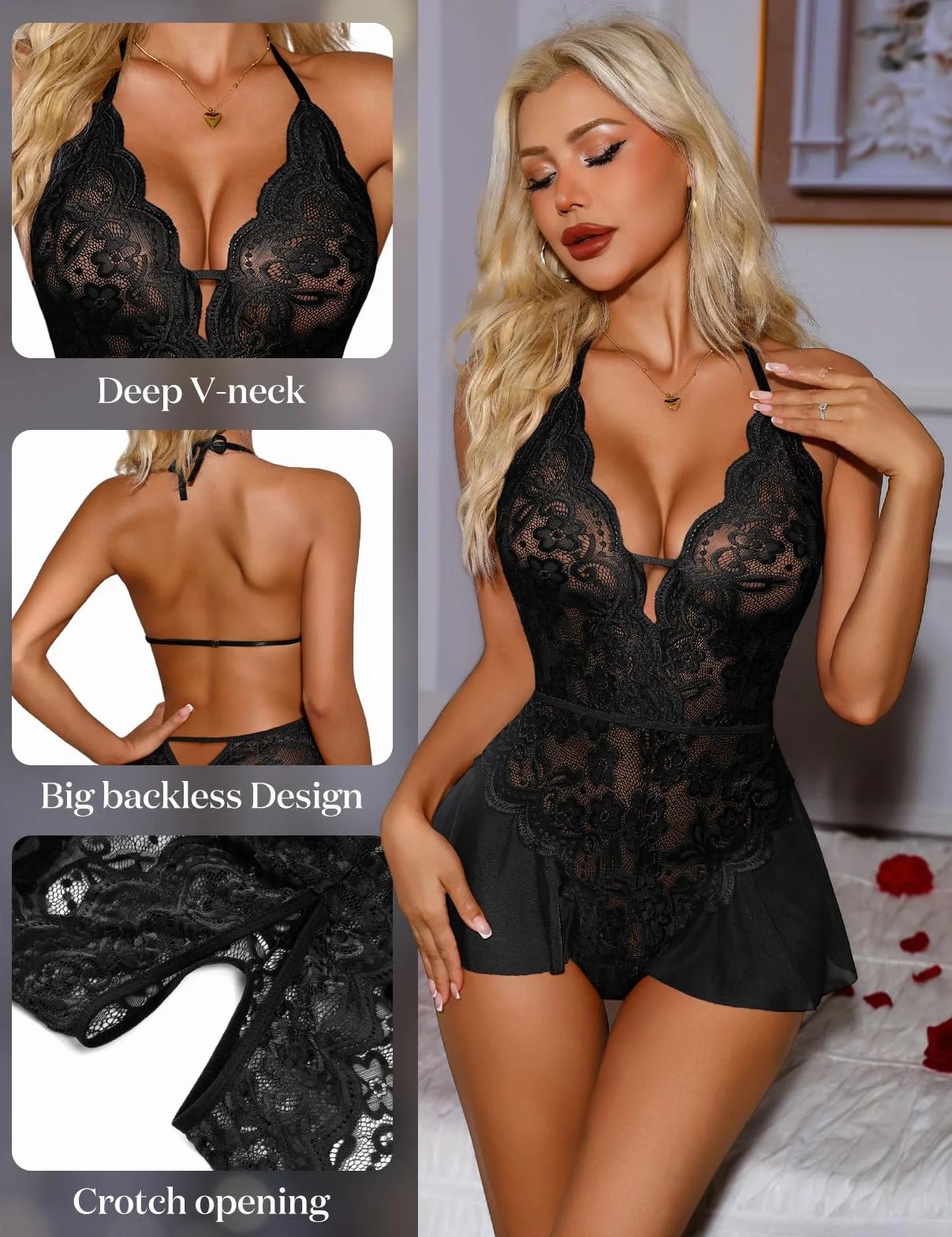 Niwicee Seksowna bielizna damska, koronkowa babydoll, seksowna koronkowa bielizna Teddy Bodysuit dekolt w serek, bielizna erotyczna, jednoczęściowa bielizna nocna, bielizna nocna negliż