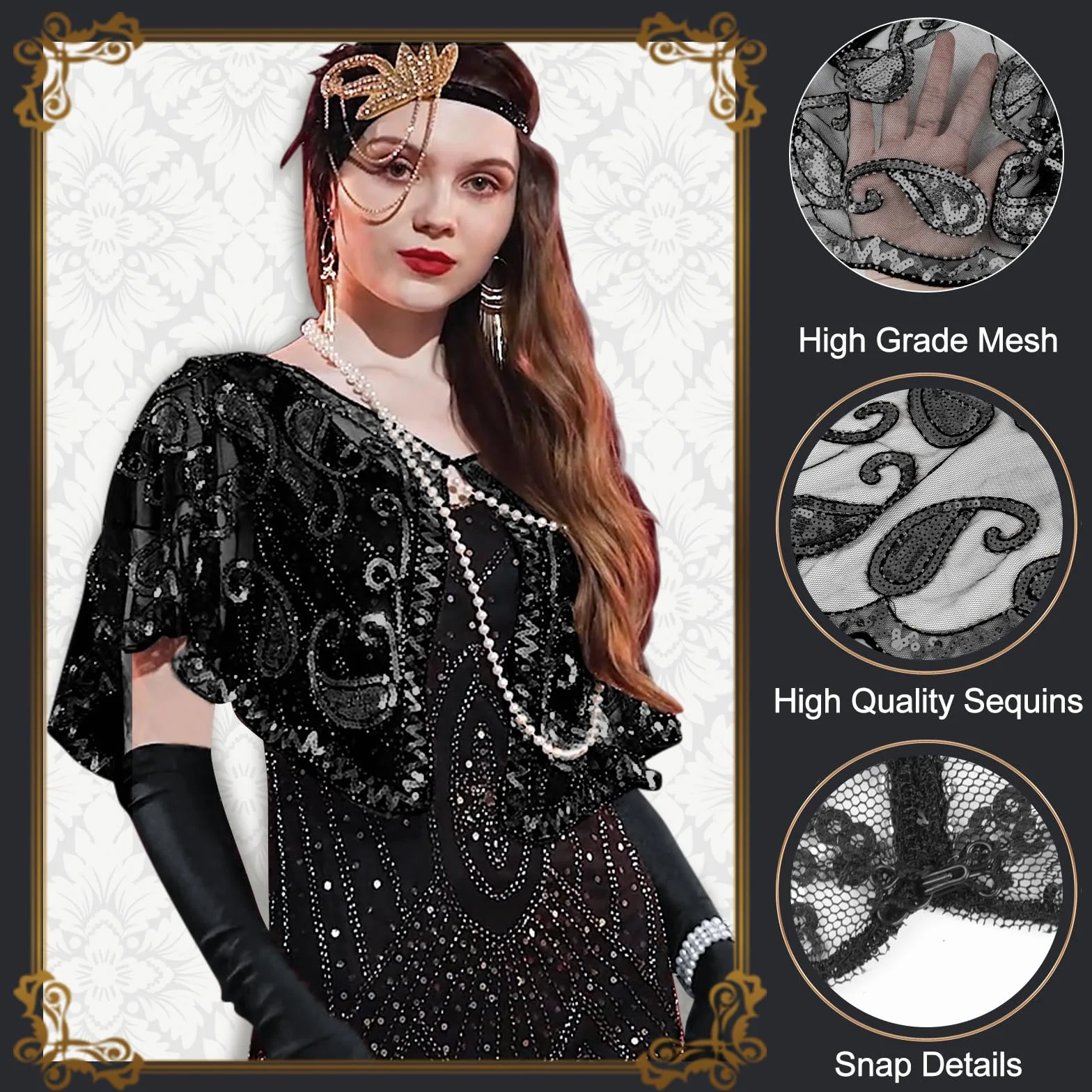 PLULON 10 sztuk flapper z lat 20. Wielki Gatsby zestaw akcesoriów modny ryk z motywem lat 20. z opaską, długie czarne rękawiczki, naszyjnik, kolczyki dla kobiet