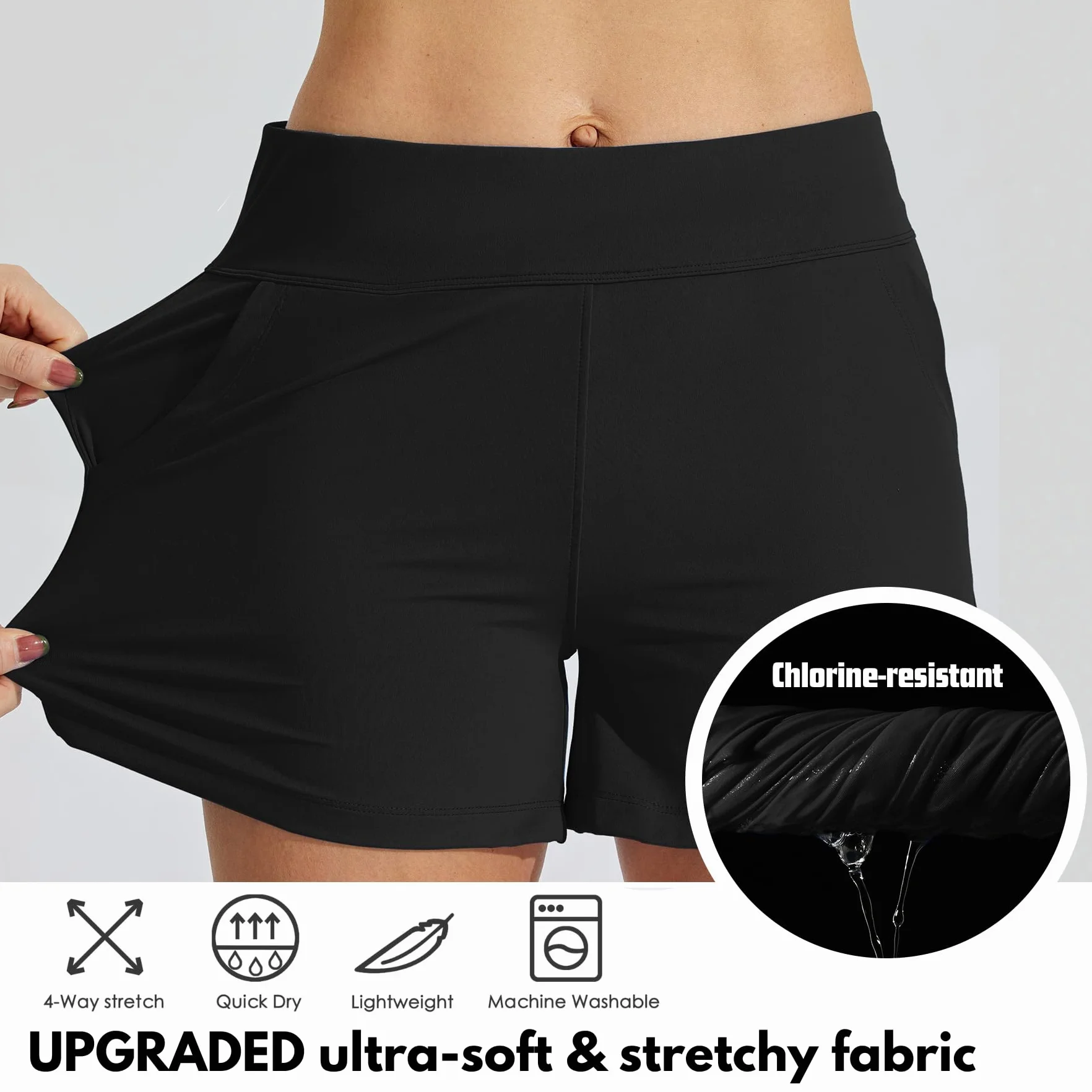 WILLIT Damskie szorty kąpielowe, kąpielówki, kąpielówki, kąpielówki, Tummy Control, szorty plażowe, 3,5 cala, z podszewką