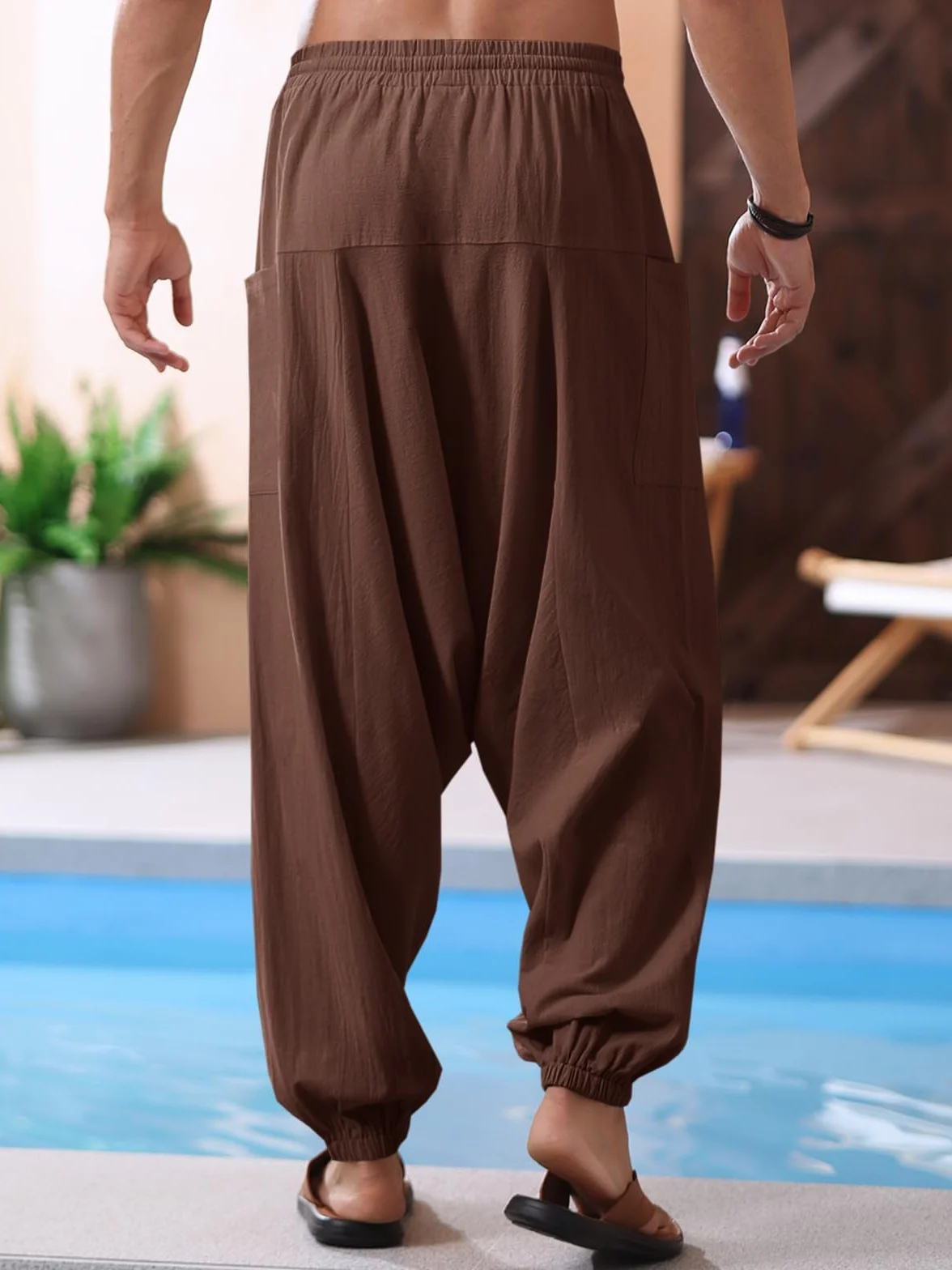 Runcati Męskie bawełniane spodnie haremki, baggy, hippie, casualowe, lniane, do jogi, na plażę, z głębokim krokiem