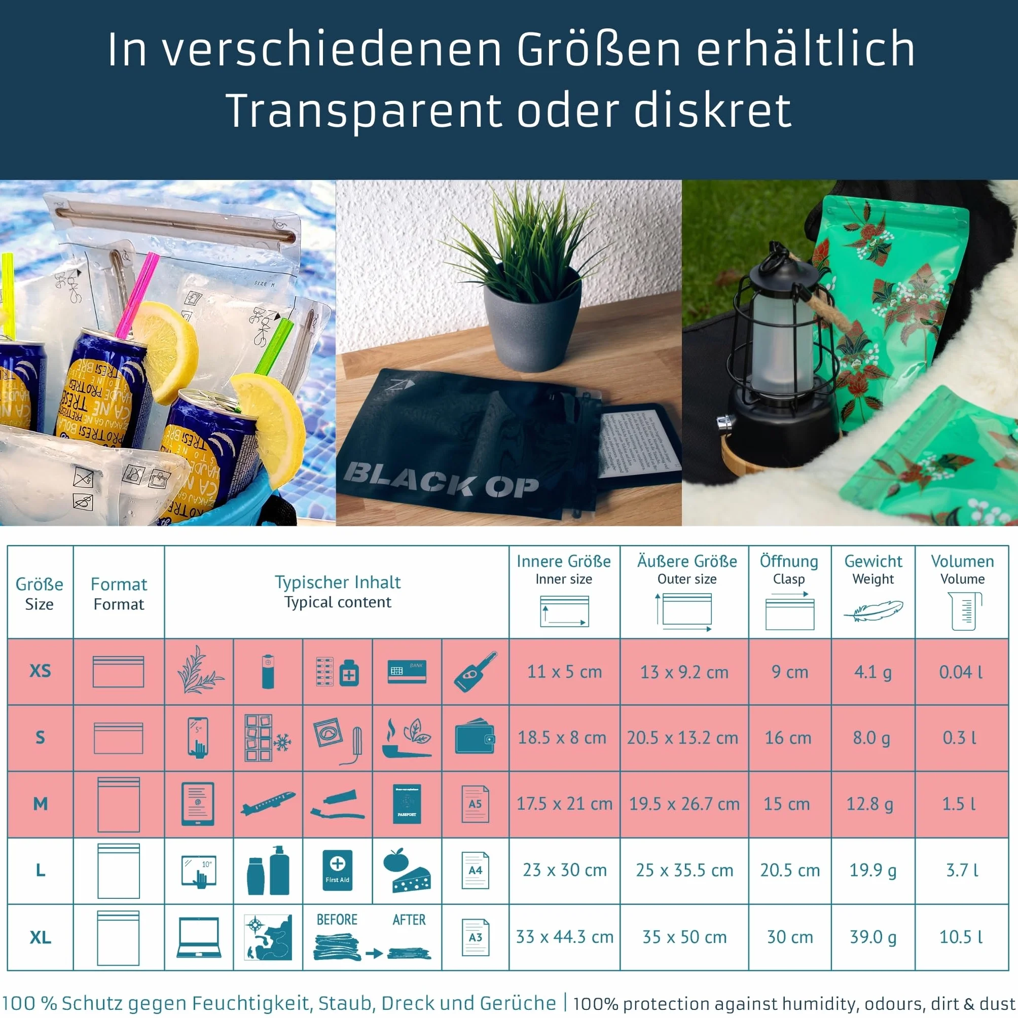 Noaks Torby, 5 sztuk, wodoszczelne worki, IPX8, szczelne i bezzapachowe, organizer podróżny, worek do pakowania, przezroczysty, Smart Set | 1*XS, 2*S, 2*M, worek do pakowania