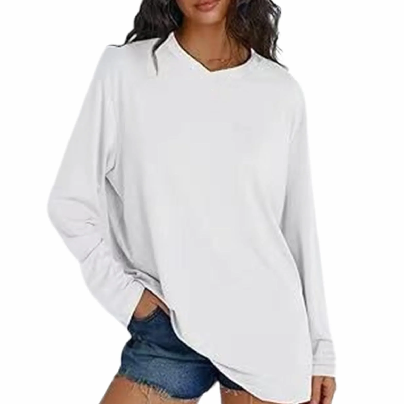 Koszule damskie ponadgabarytowe, damskie koszulki z długim rękawem - jednolity t-shirt okrągły dekolt - sukienki jesienne, koszulki oversize, modne sukienki na co dzień do uprawiania sportów