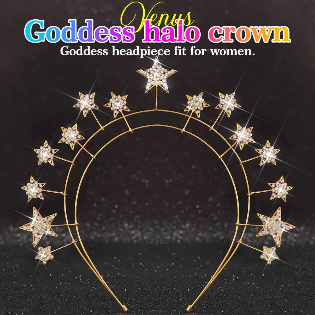 Reaky Star Halo korona, złote nakrycie głowy z gwiazdami ze strasu, korona halo, kryształowa opaska na czoło karnawałowe akcesoria do włosów dla kobiet