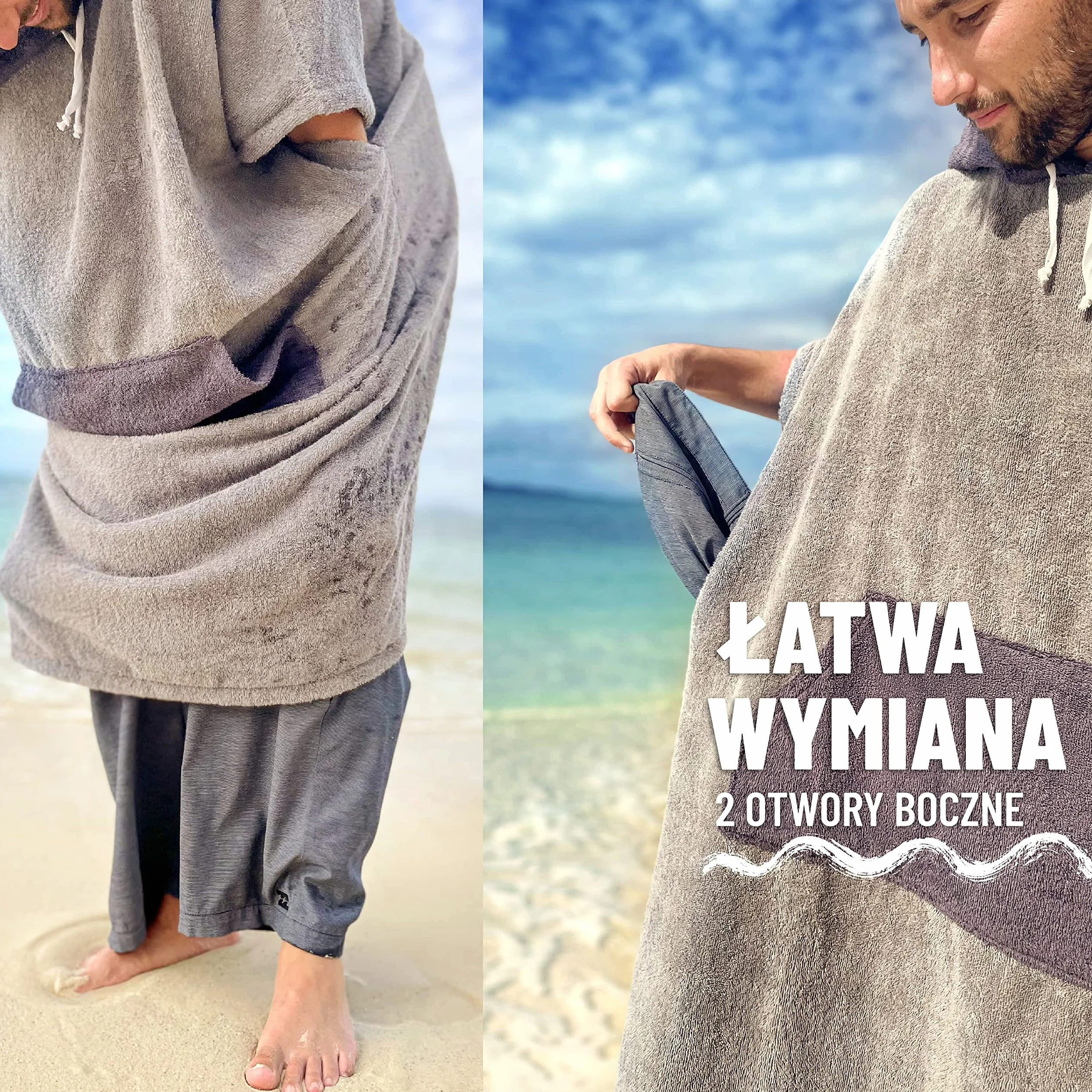 Poncho kąpielowe i sportowe - L/XL - 100% bawełna frotte - damskie poncho, męskie poncho, dla dorosłych i dzieci - idealne na plażę, basen i basen oraz ręcznik - jasnoszare